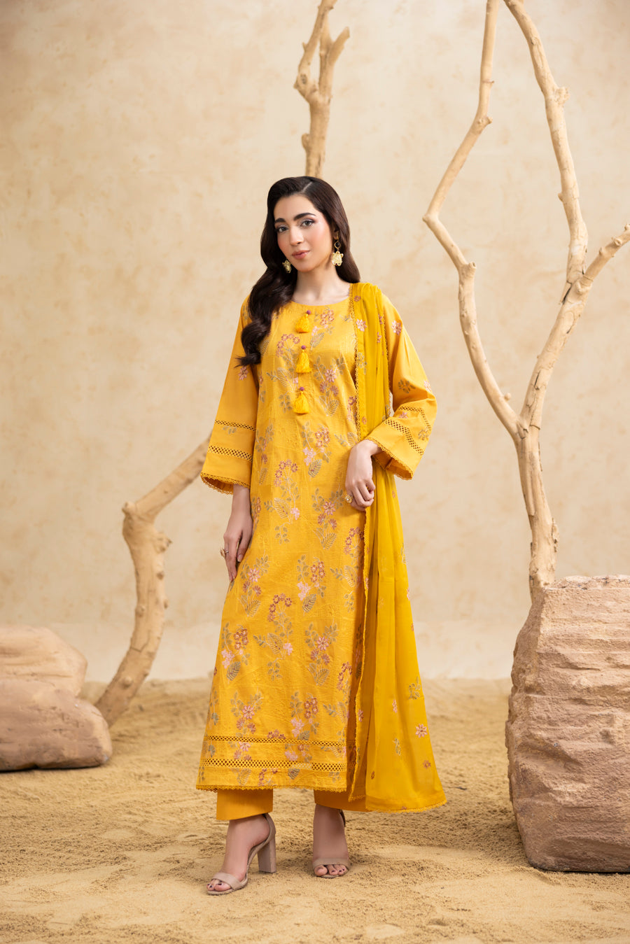 Mustard Yellow Embroidered 3-Piece Set