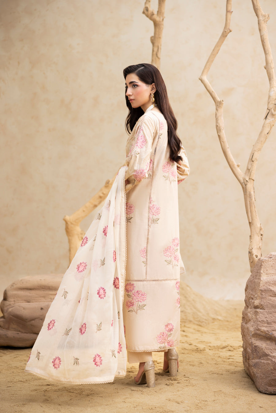 Skin Beige Embroidered 3-Piece Set