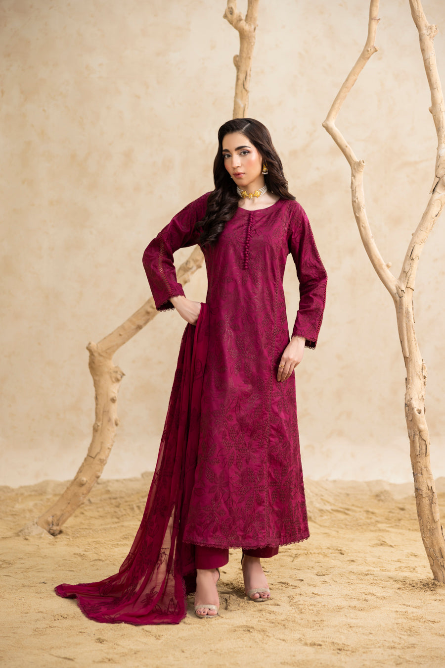 Burgundy Embroidered 3-Piece Set