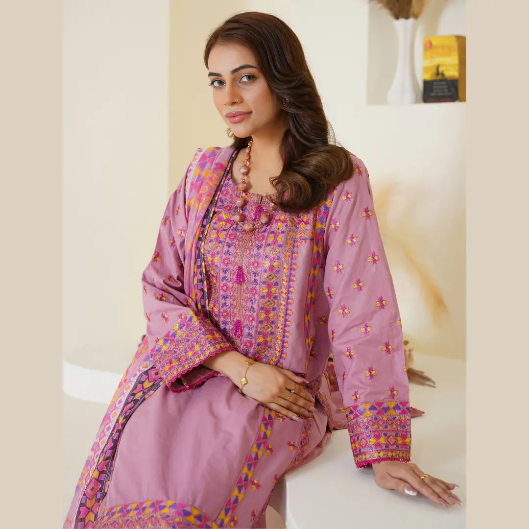 Mauve Pink Embroidered Viscose Pret 3PCs