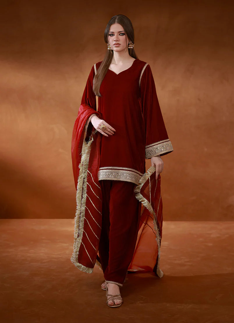 Maroon Velvet Set Pret 3Pcs