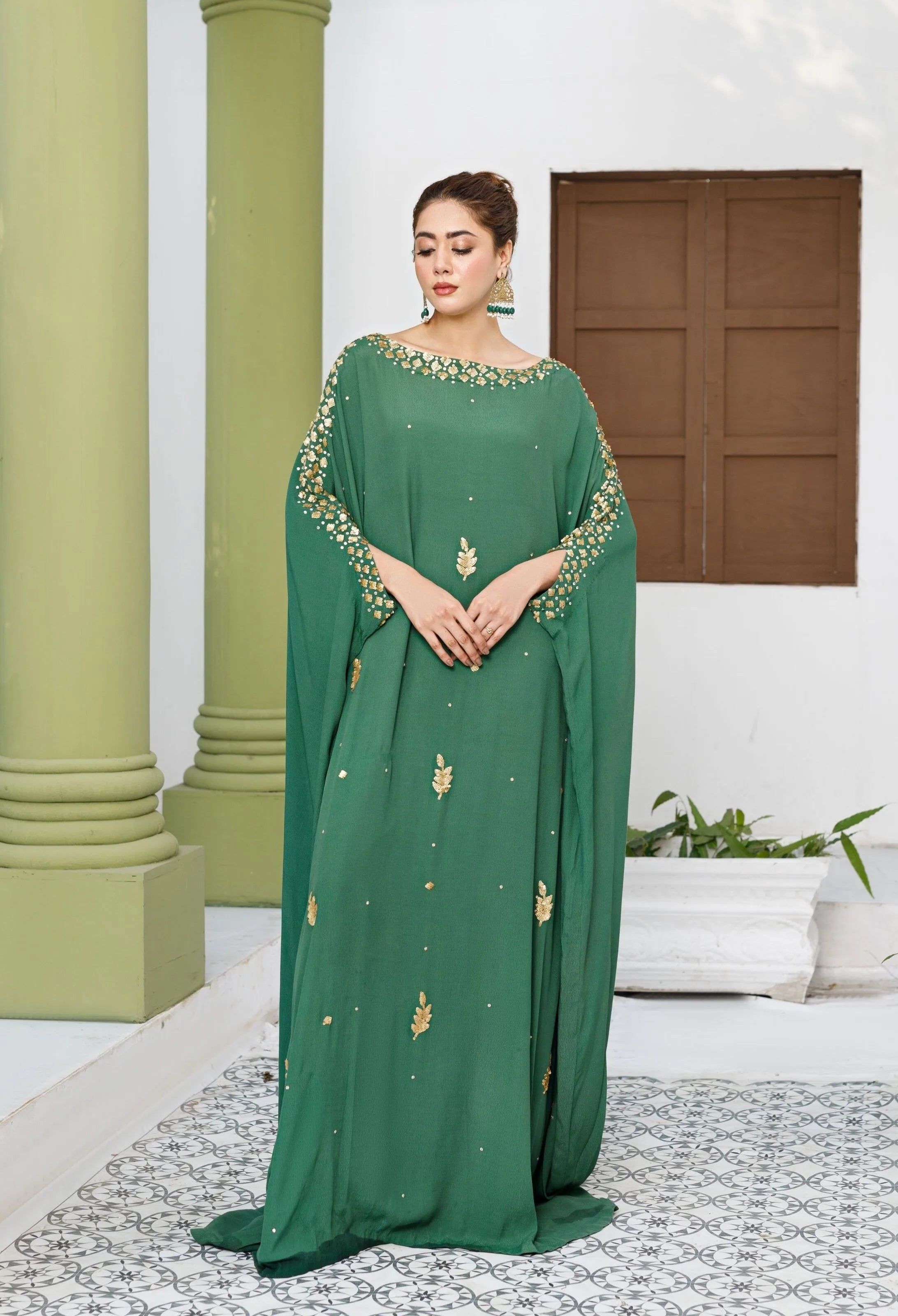 Fancy Georgette Kaftan Dress Green White Handcrafted Zari Work Stitched Dress Georgette Kaftan Party Wear Wedding Fancy Georgette Kaftan Dress Green White Handcrafted Zari Work Stitched Dress Georgette Kaftan Party Wear Wedding
