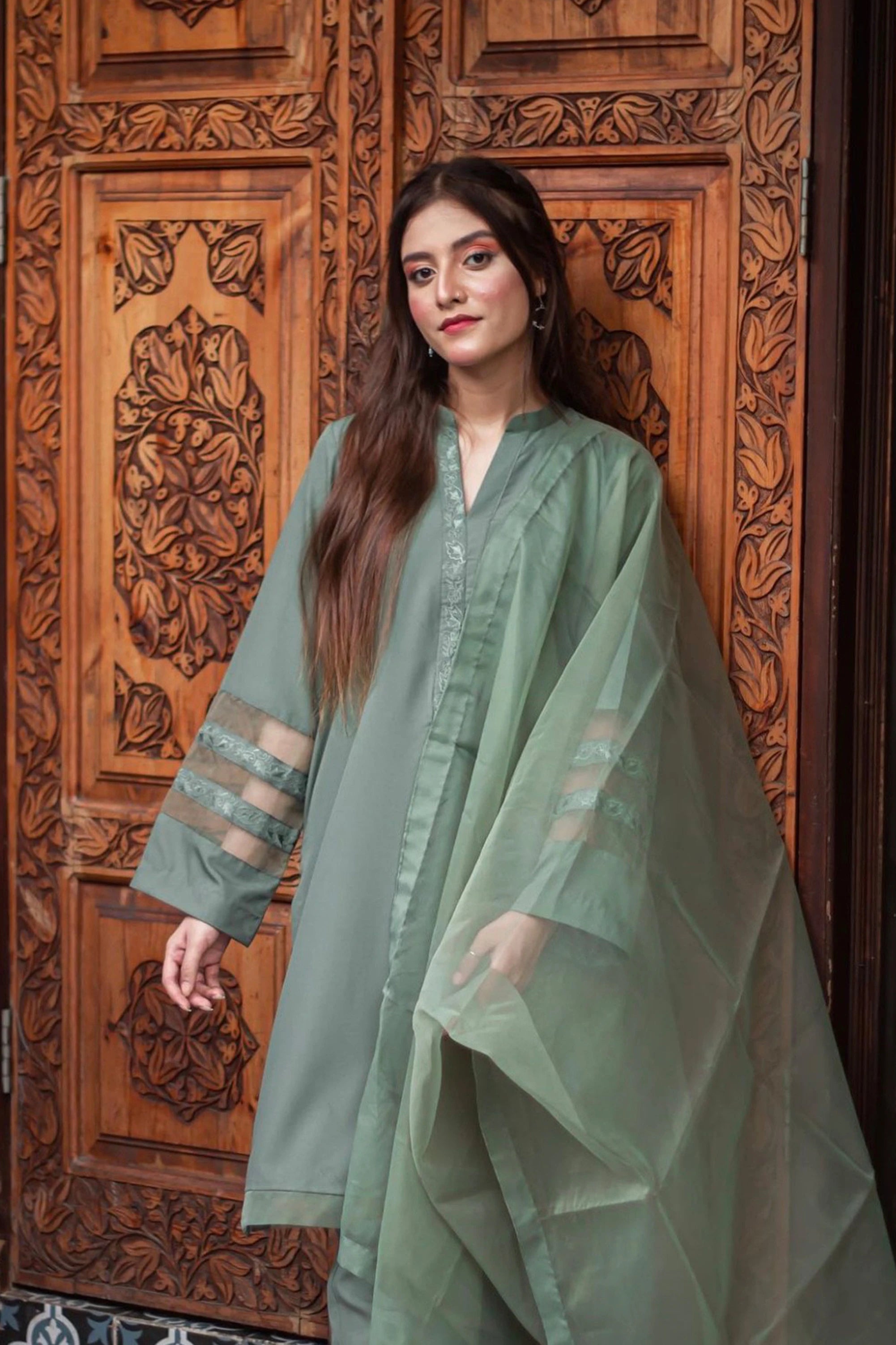 Olive Green Embroidered Georgette Pret 3Pcs