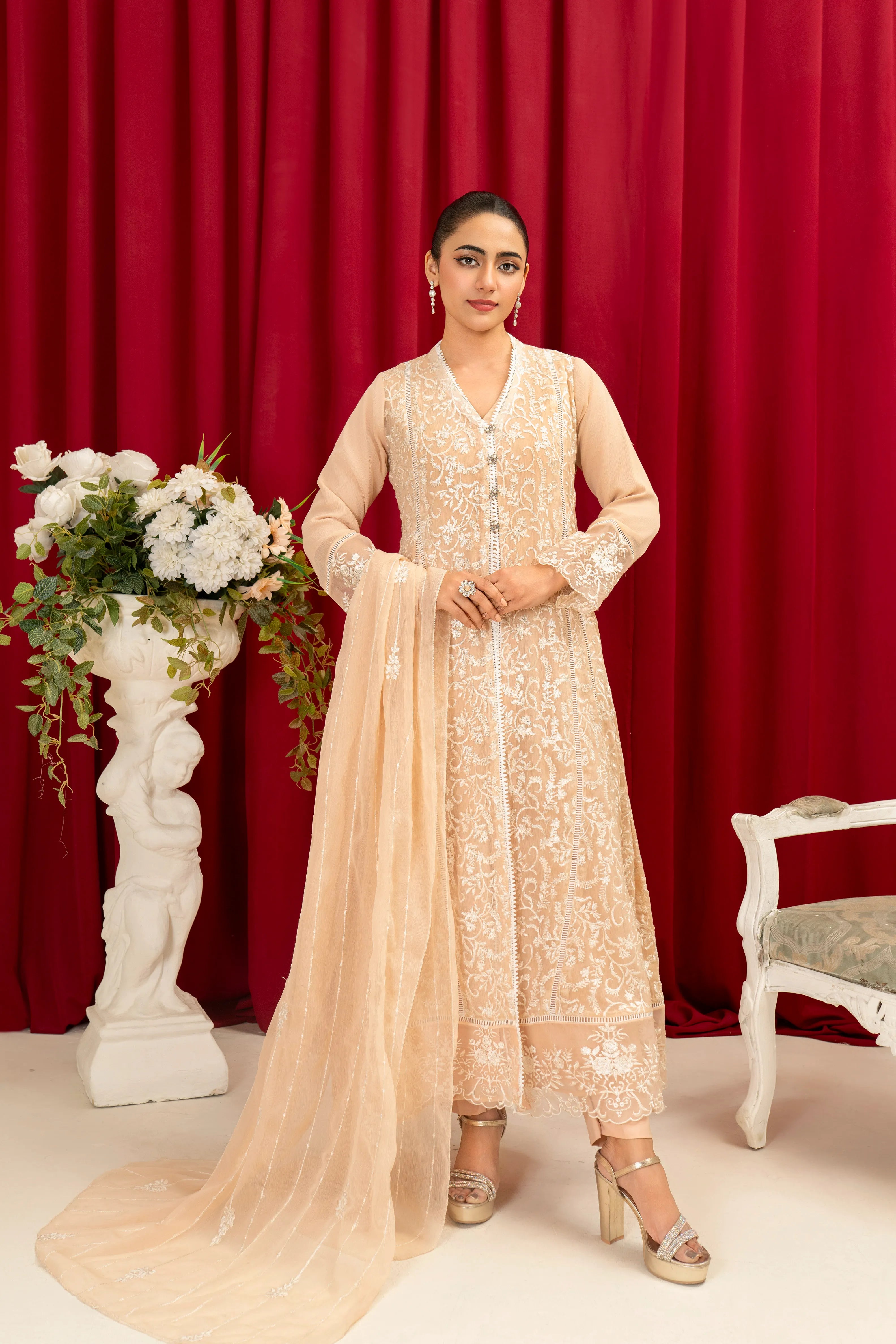 K-113-PEACH Embroidered Chiffon Pret 4Pcs