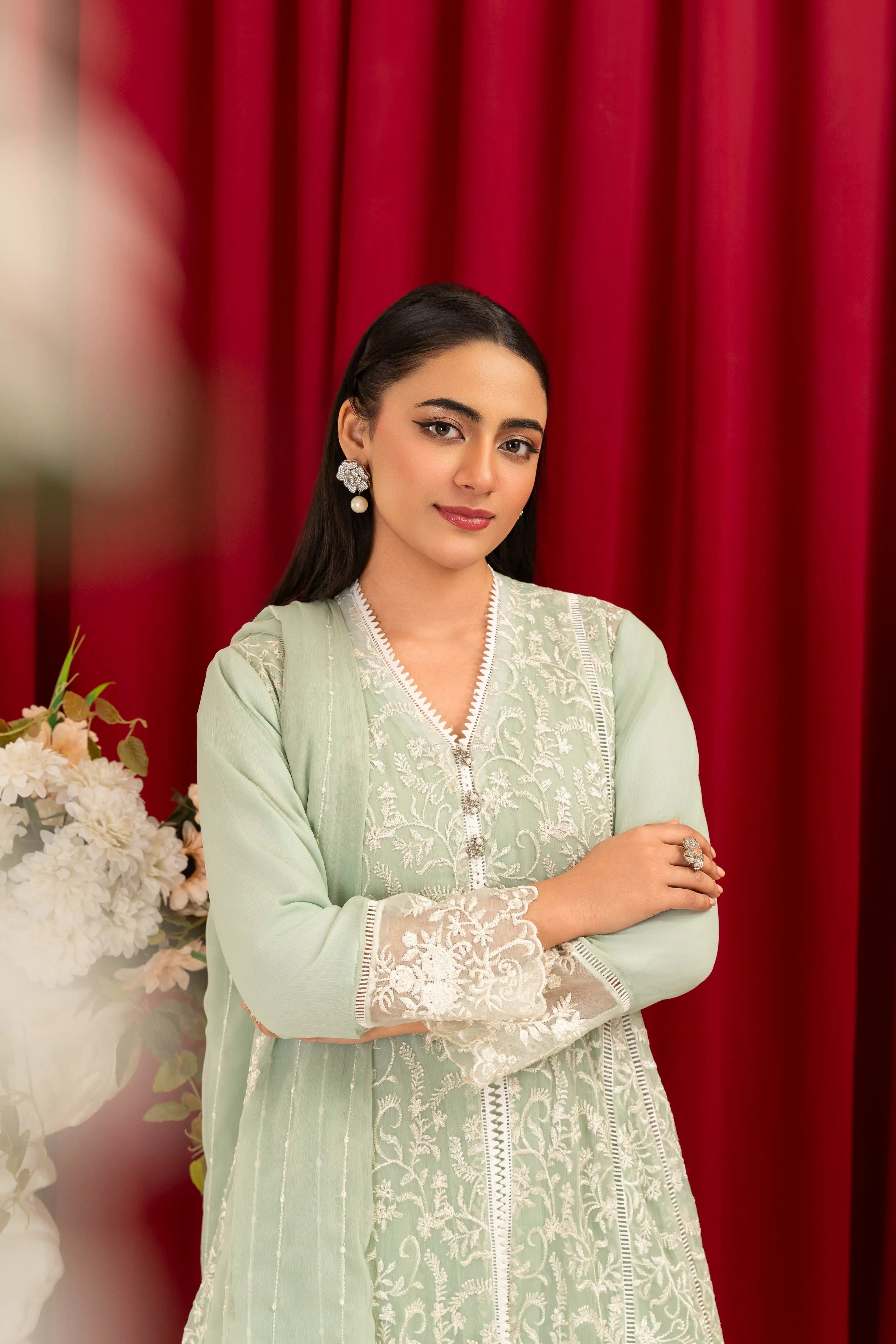 K-113-MINT GREEN Embroidered Chiffon Pret 4Pcs