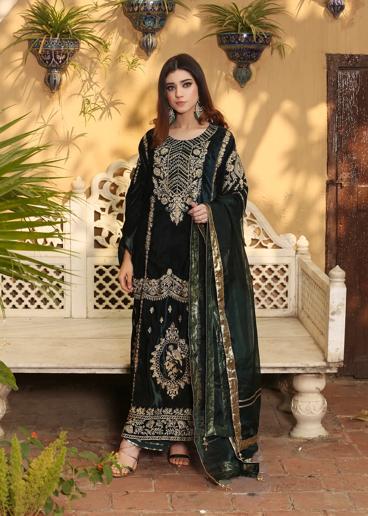 Bottle Green Velvet Stitched 1 PCs