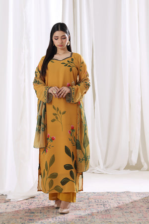 Model in Golden Marigold chiffon pret from Buraqstore, stylish ladies dress for weddings