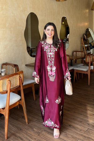Deep maroon kaftan dress party wear pakistani elegant kaftan dresses Pakistan BuraqStore