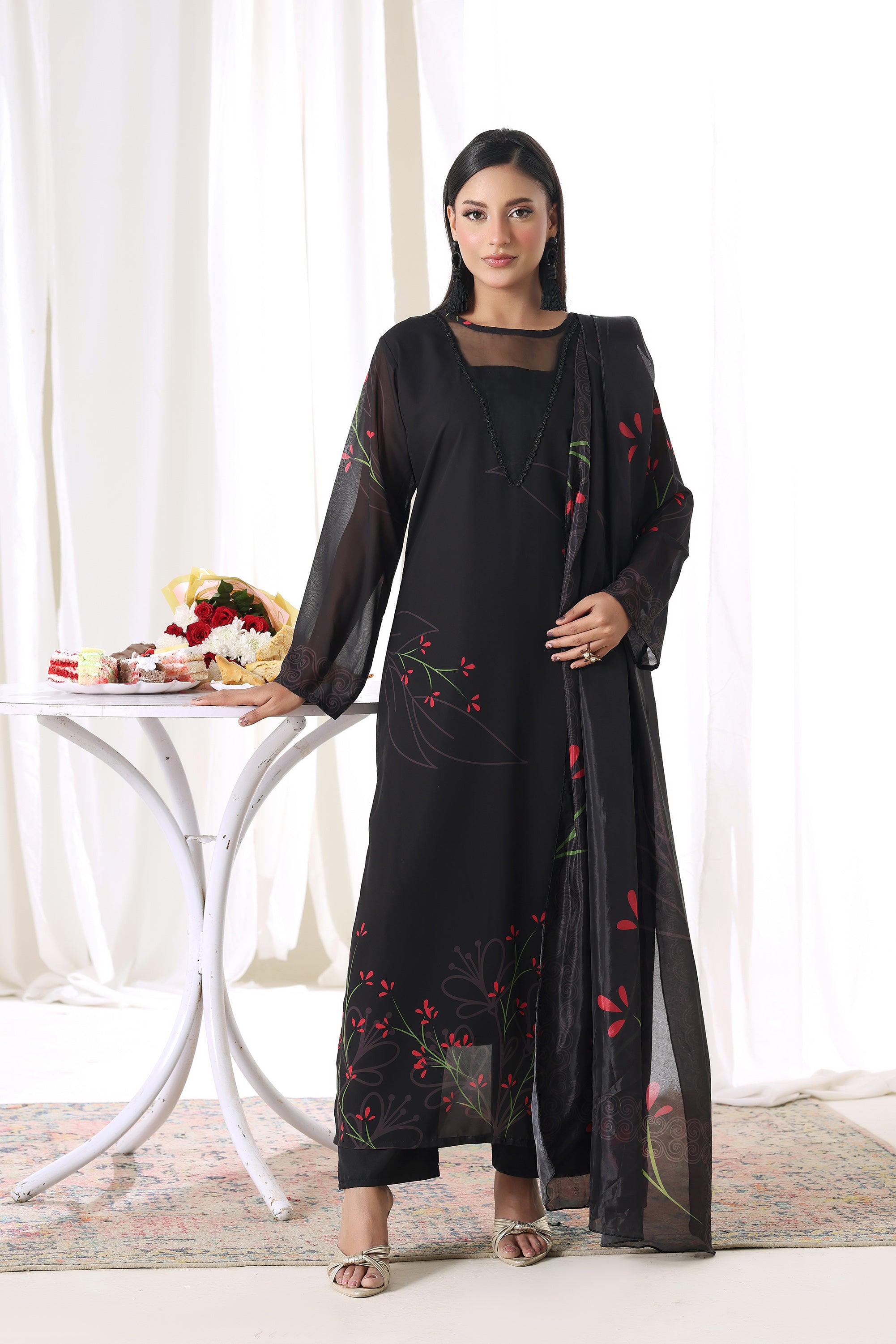 Model wearing Midnight Flora chiffon pret from Buraqstore, stylish girls dress