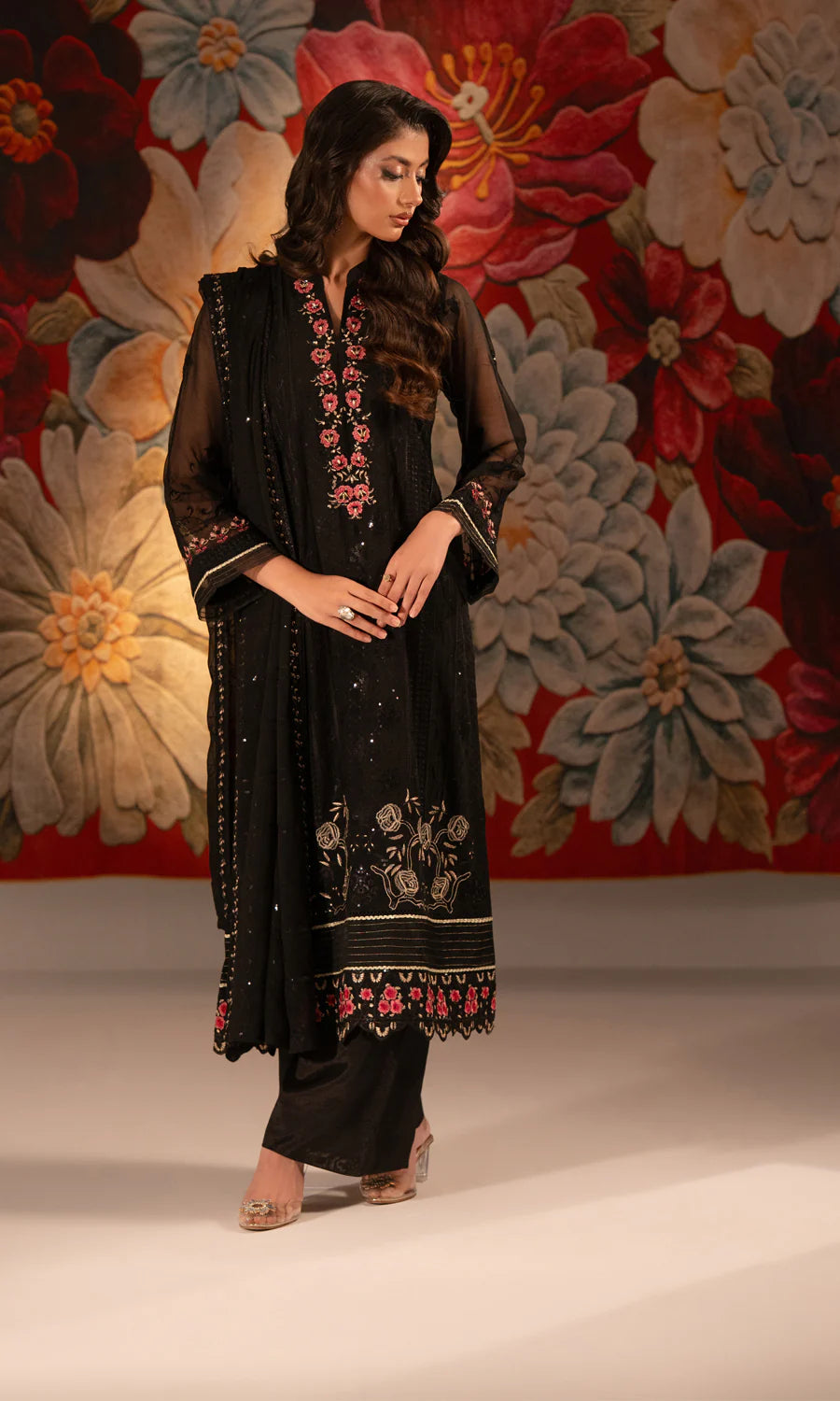 Kajal SU-128 Embroidered Chiffon Unstitched 4Pcs