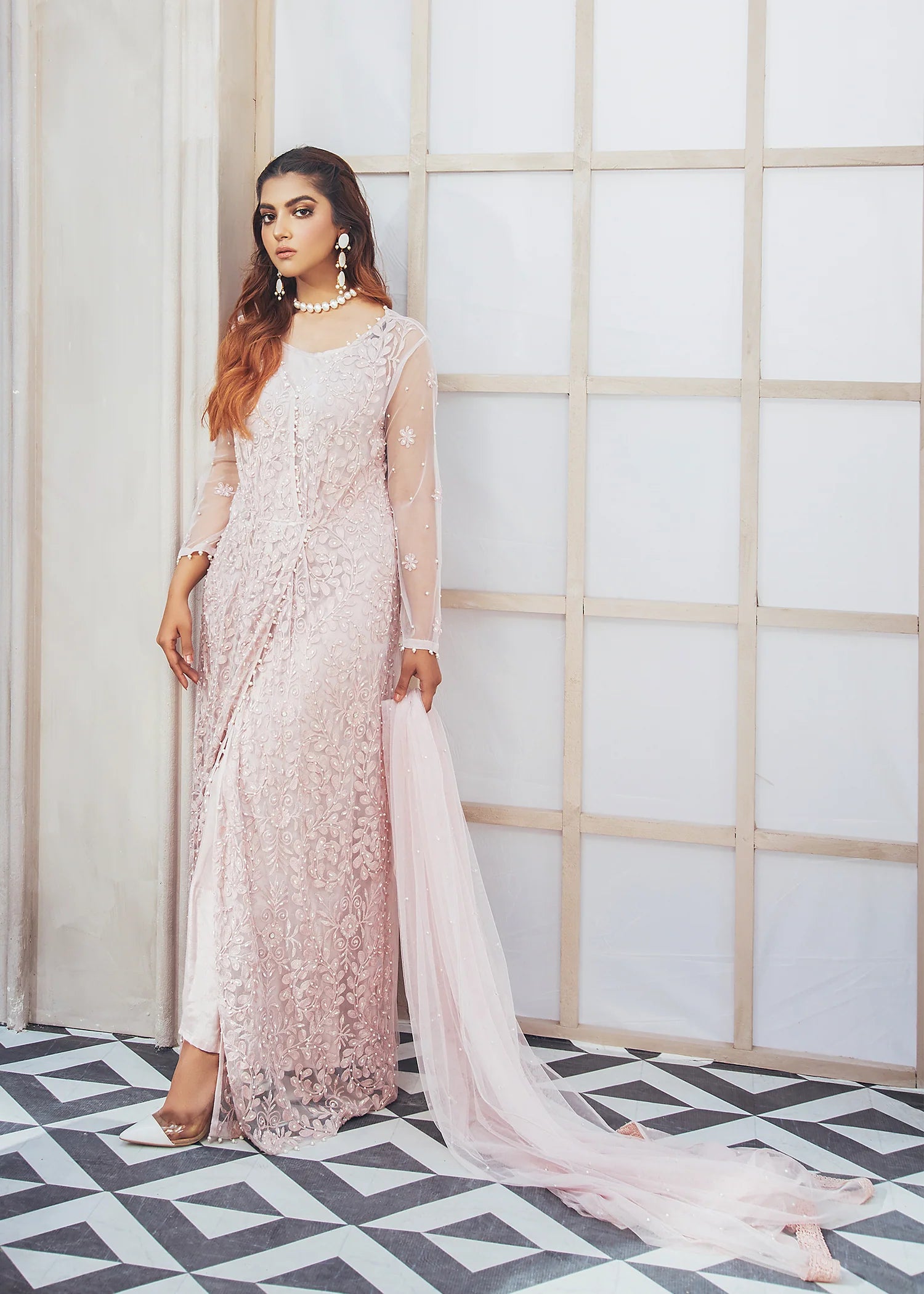 Powder Pink Net Gown Pret 2 PCs