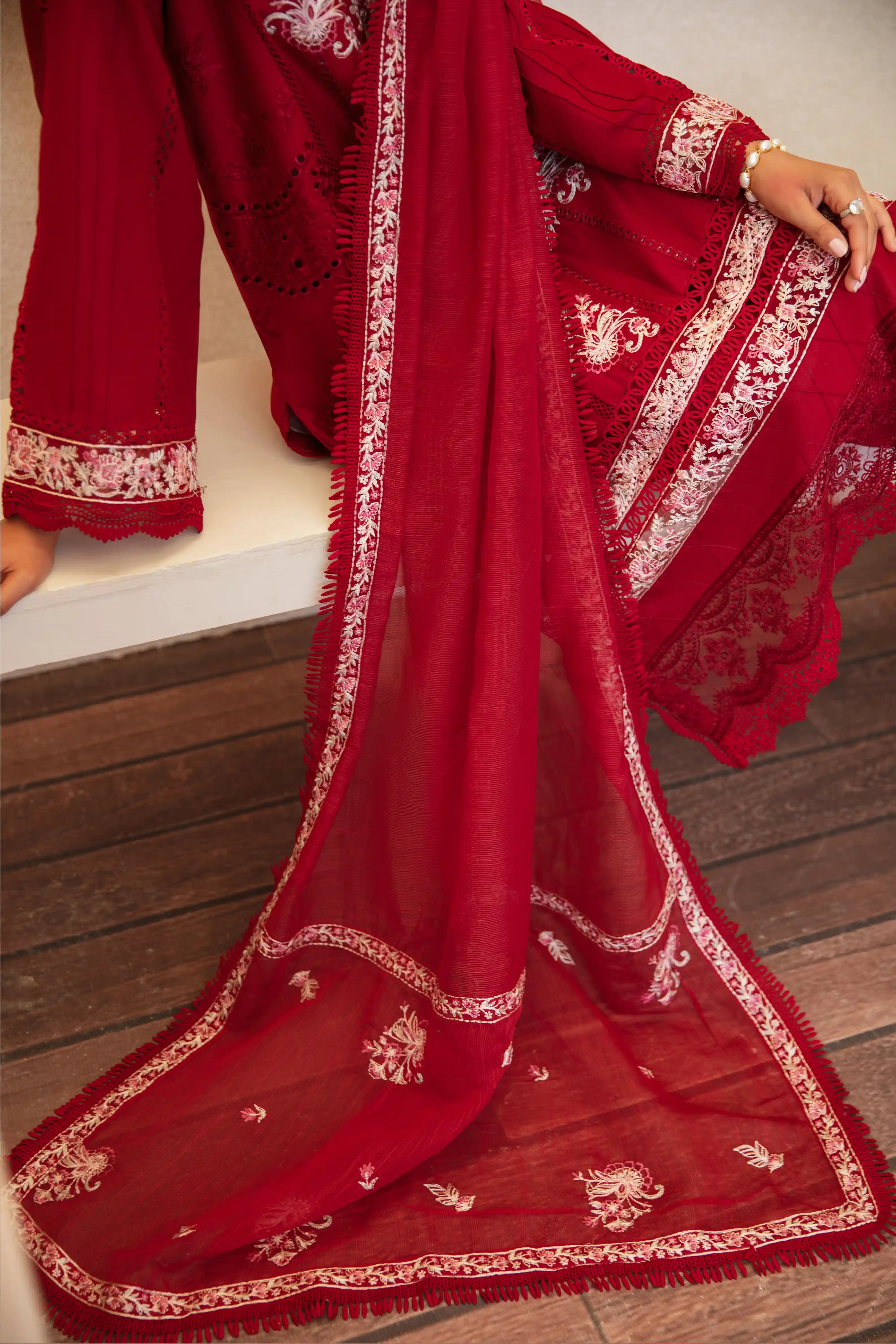 SH02 Crimson Maroon Embroidered Lawn 3Pcs