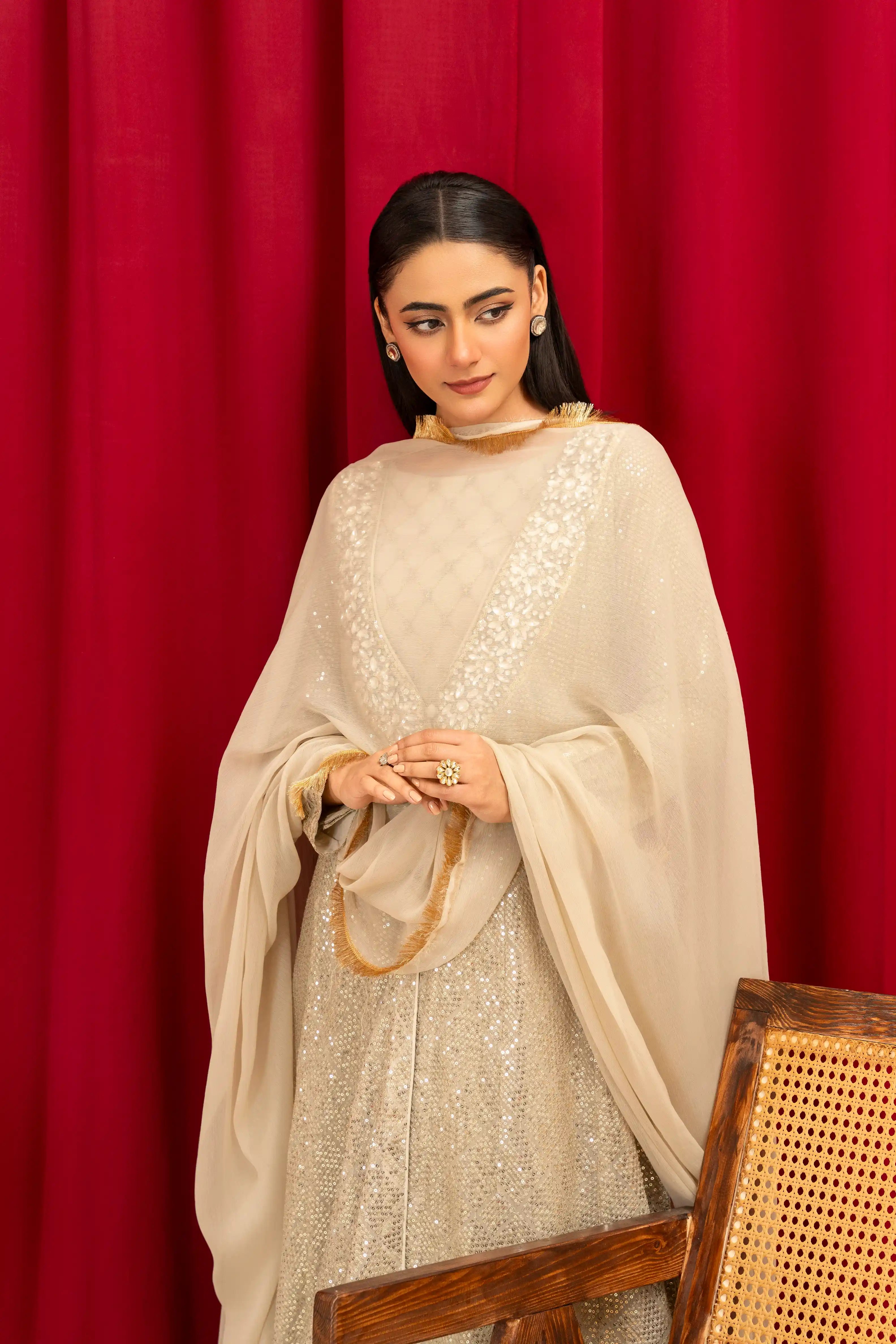 K-135-CAMEL BROWN Embroidered Chiffon Pret 4Pcs