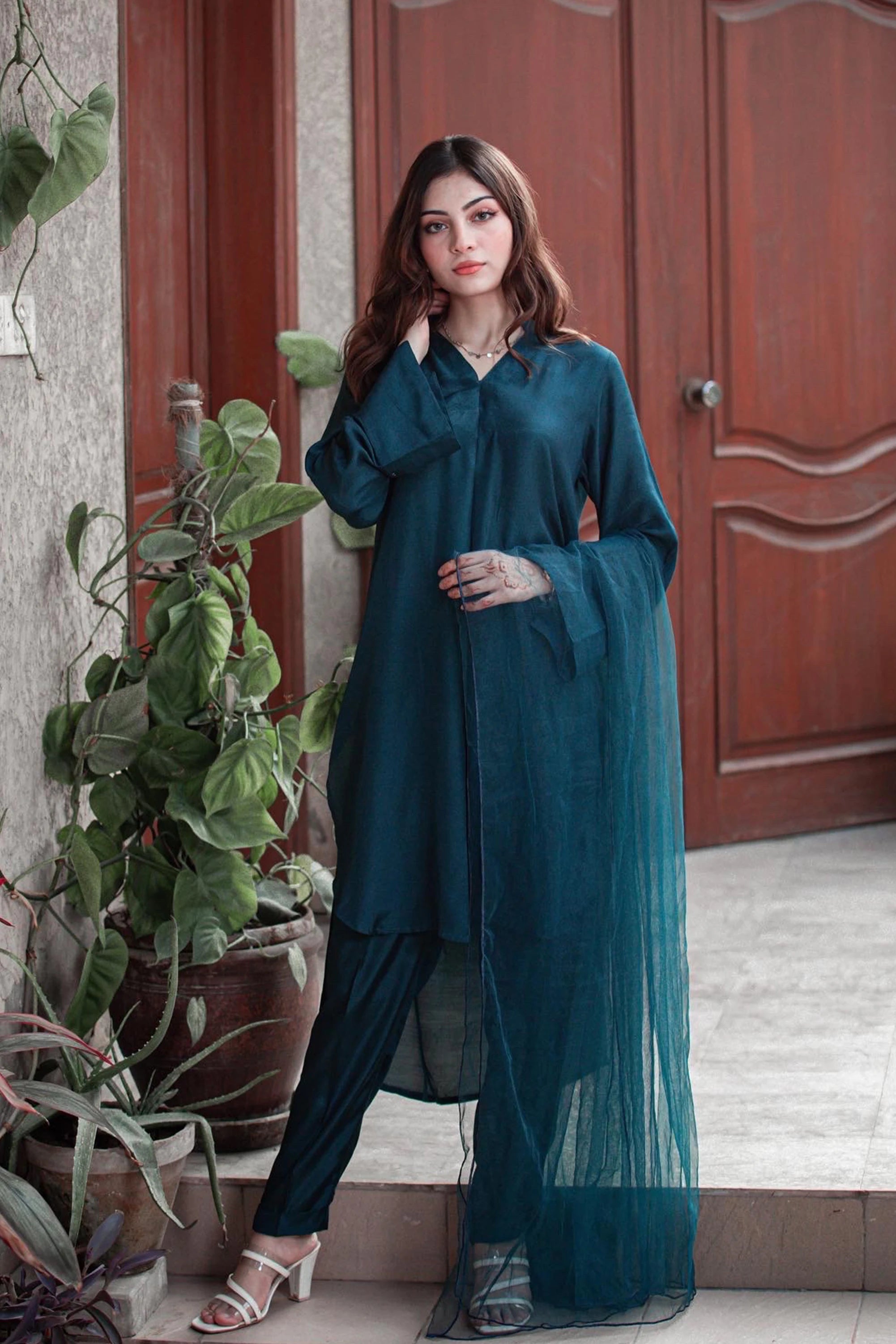 Teal Blue Cotton Silk Pret 3Pcs
