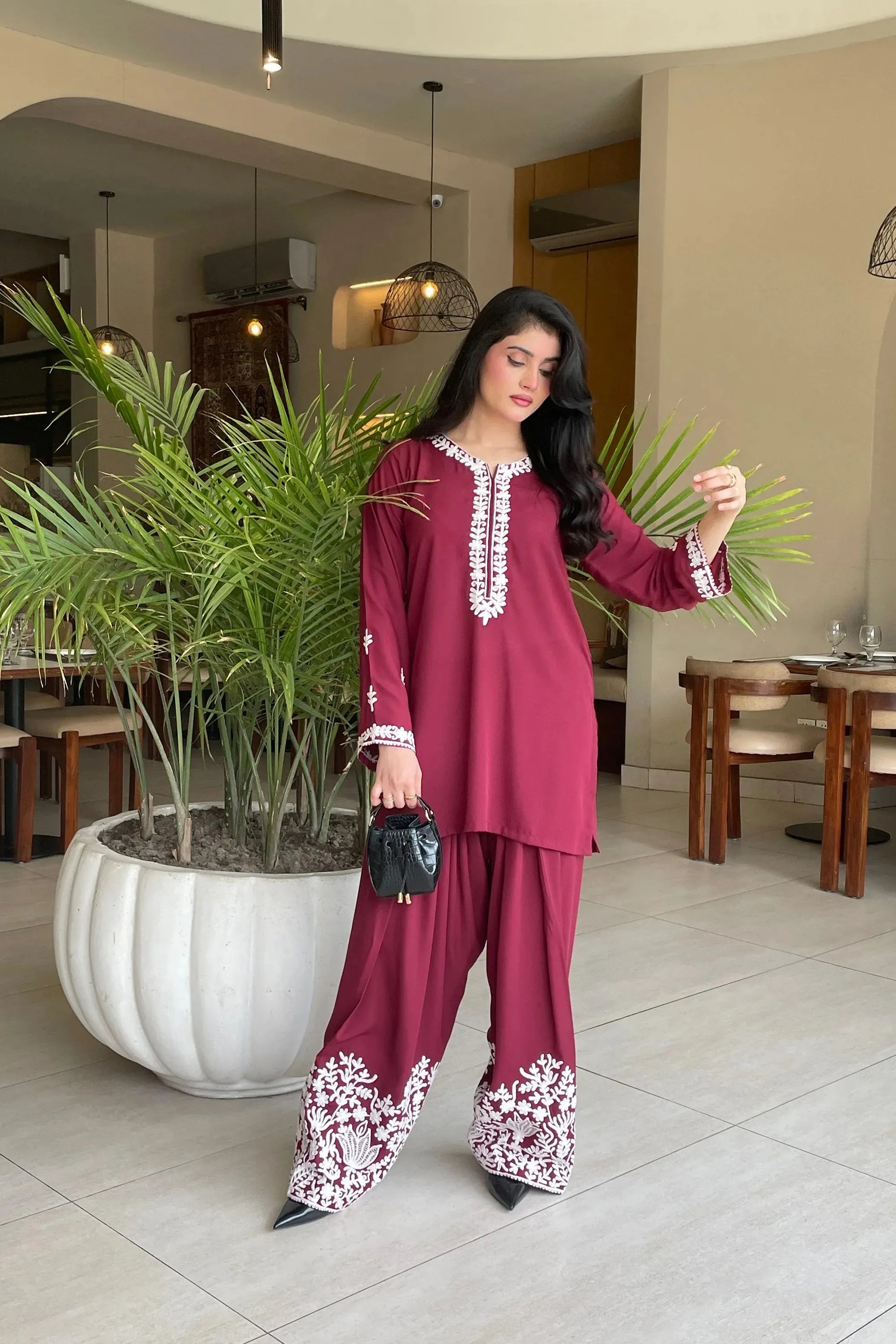 Burgundy Embroidered Georgette Pret 2Pcs