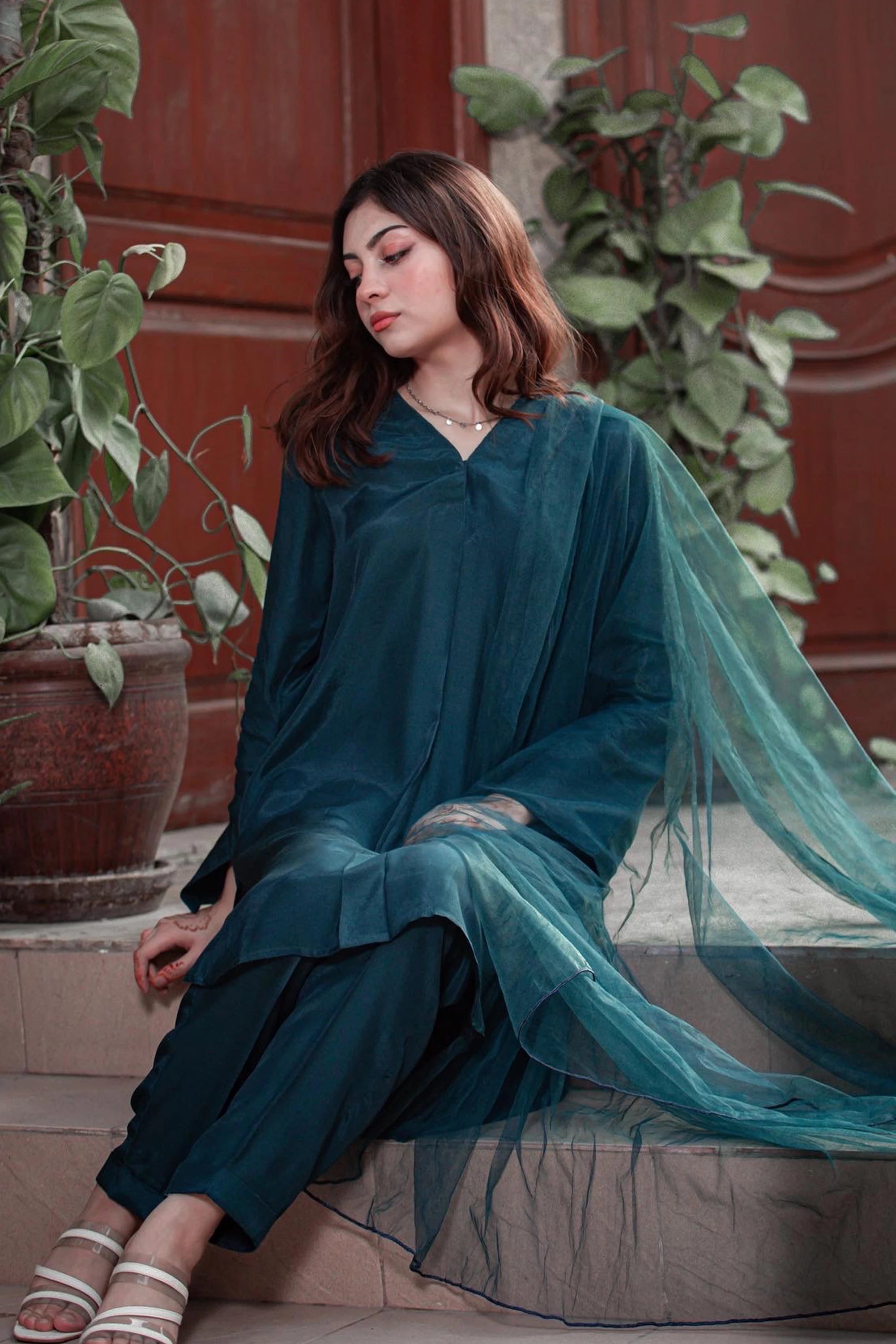 Teal Blue Cotton Silk Pret 3Pcs