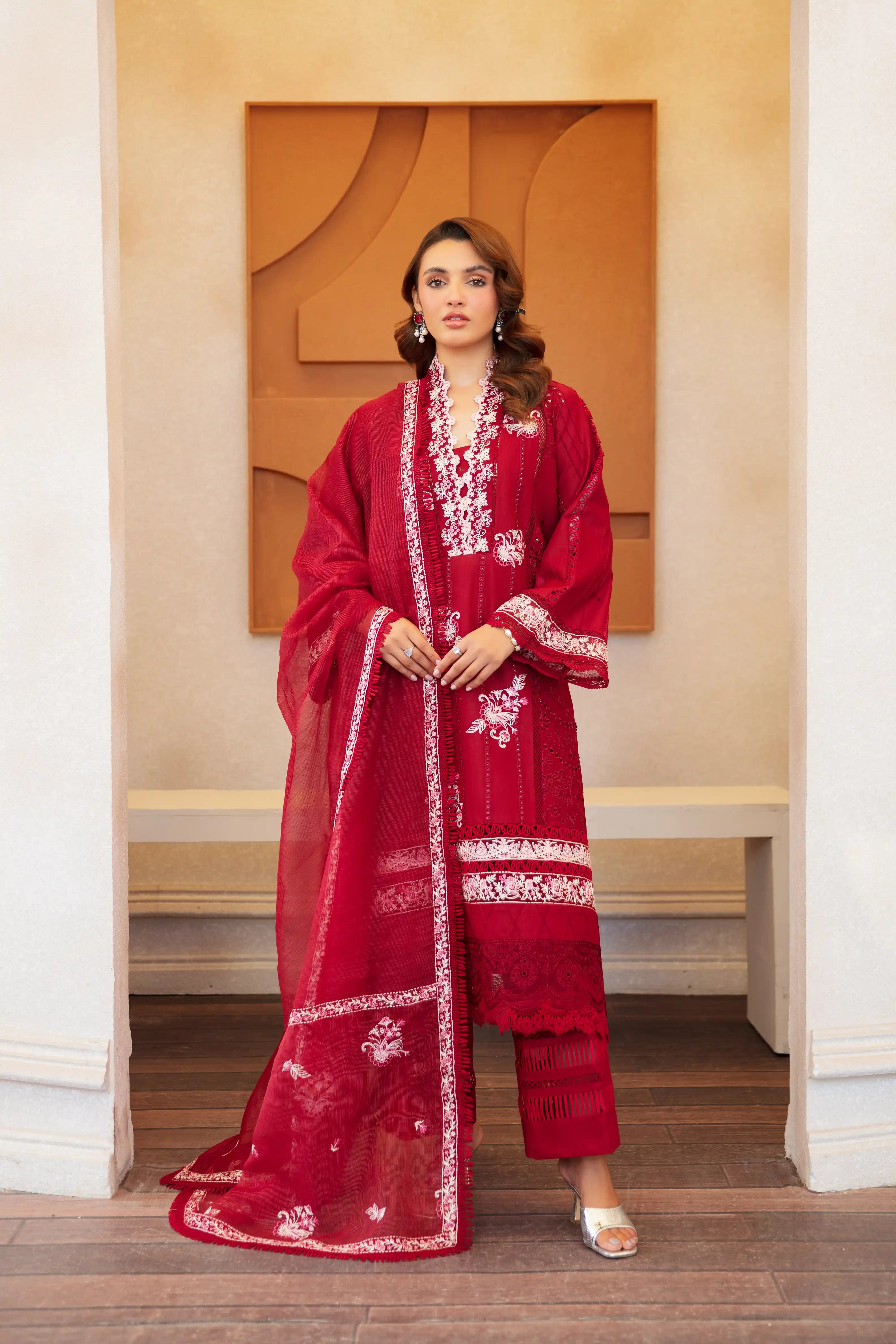 SH02 Crimson Maroon Embroidered Lawn 3Pcs