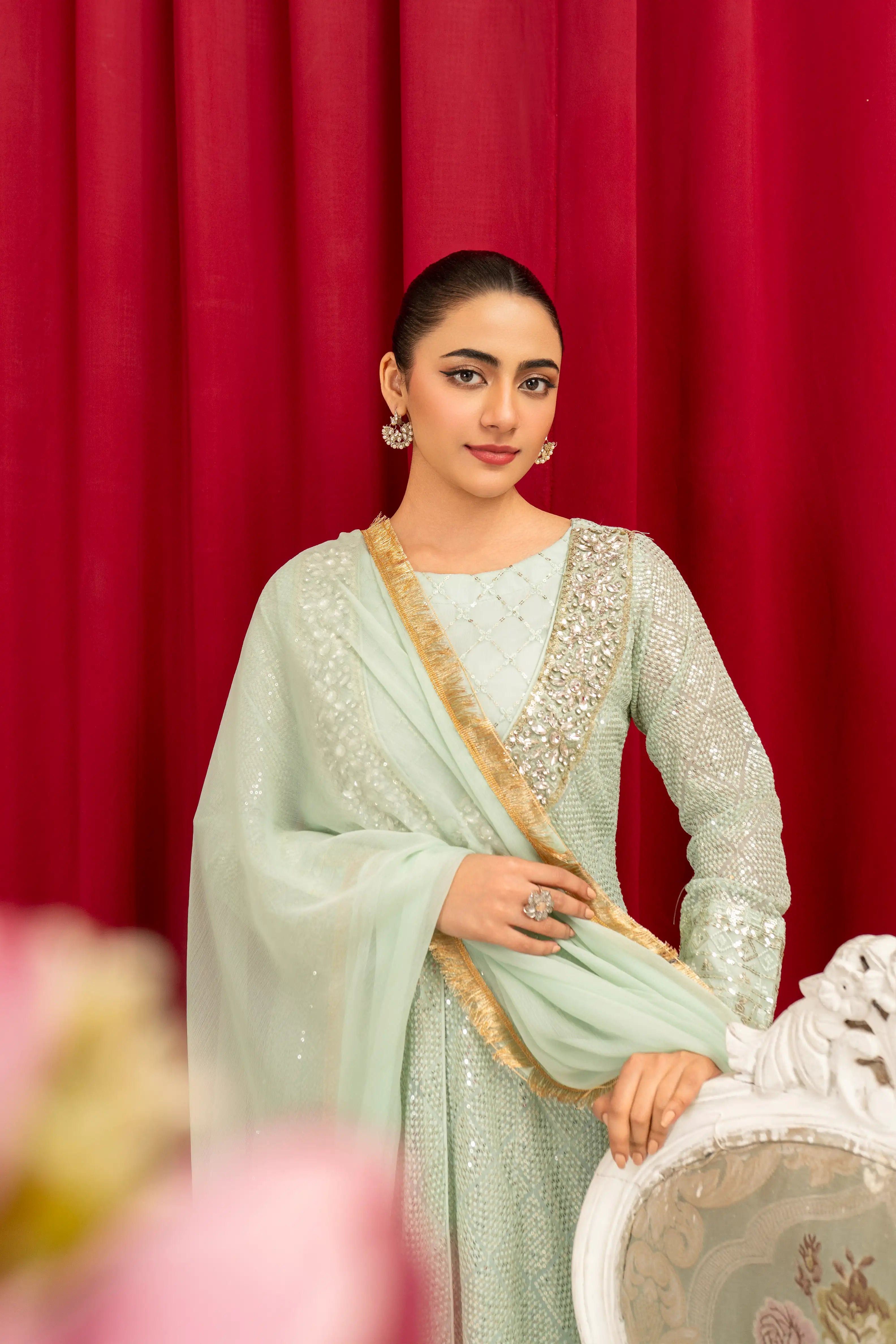 K-135-MINT GREEN Embroidered Chiffon Pret 4Pcs