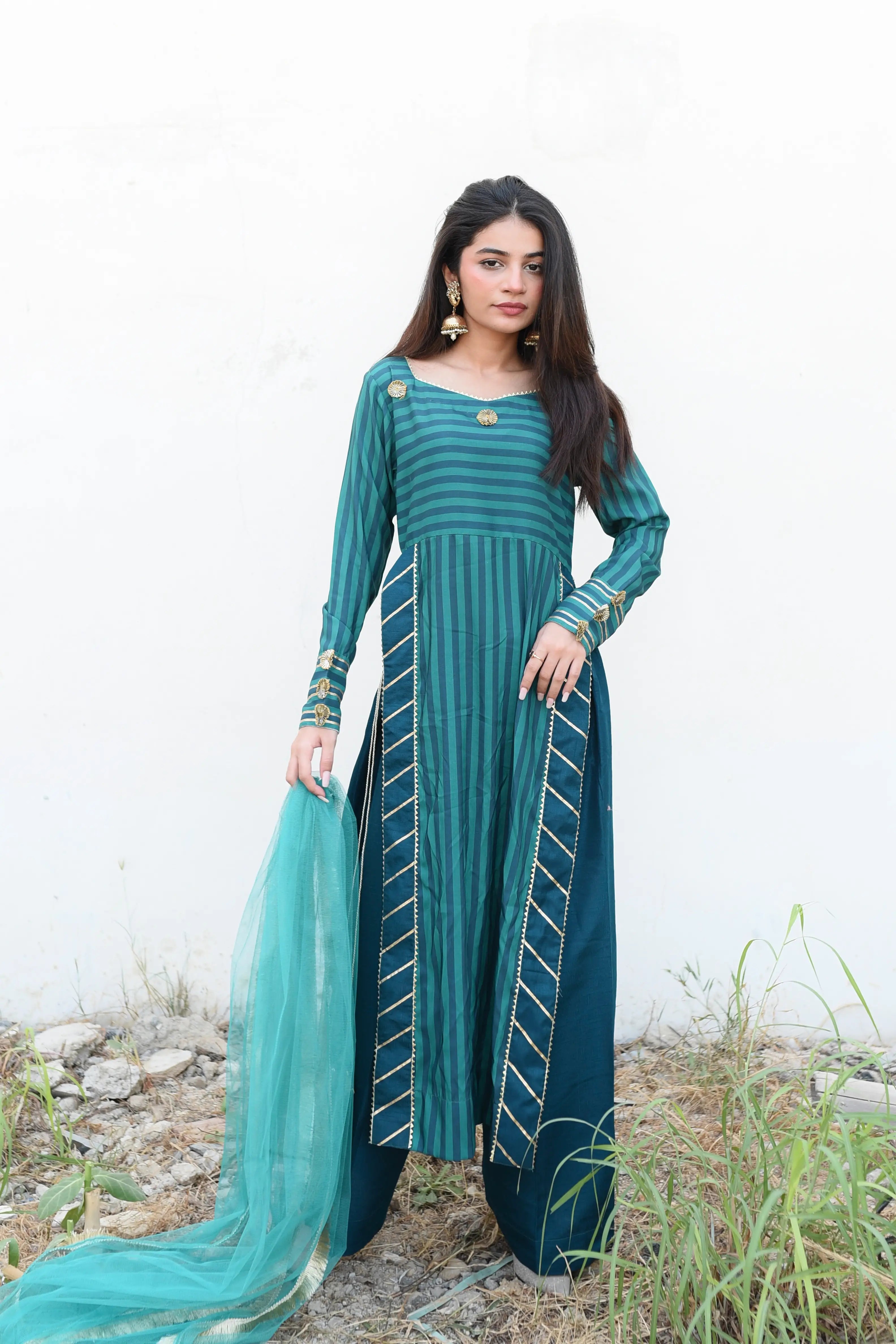 Green Stripe Gota Polycambric Pret 3Pcs