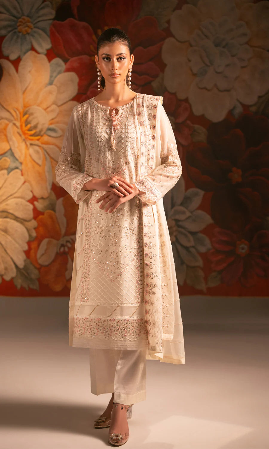 Ecru SU-131 Embroidered Chiffon Unstitched 4Pcs
