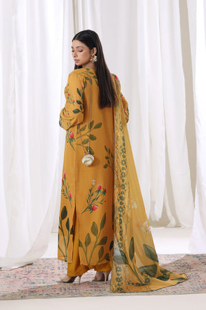 Female model wearing Golden Marigold chiffon pret Buraqstore, perfect party wear for ladies