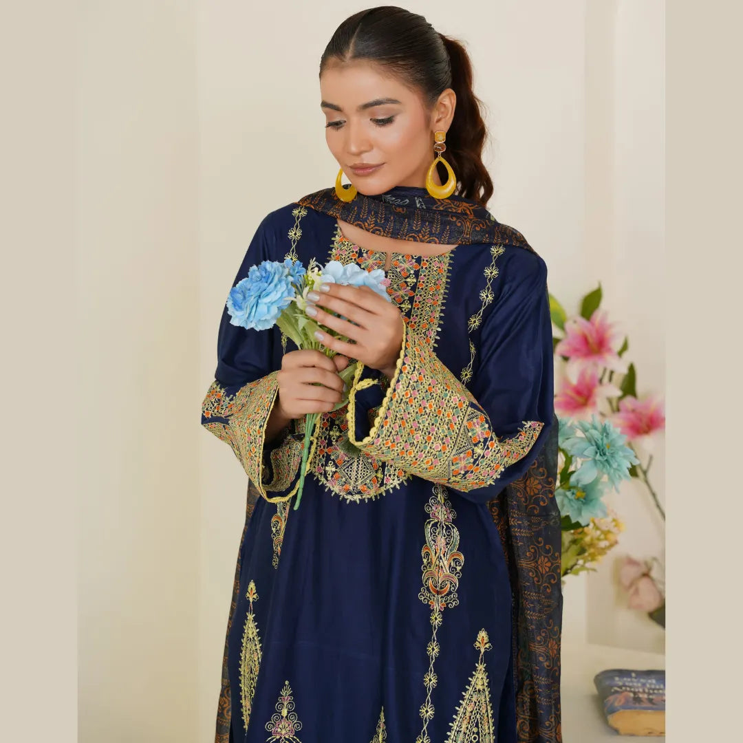 Royal Blue Embroidered Lawn Pret 3 PCs