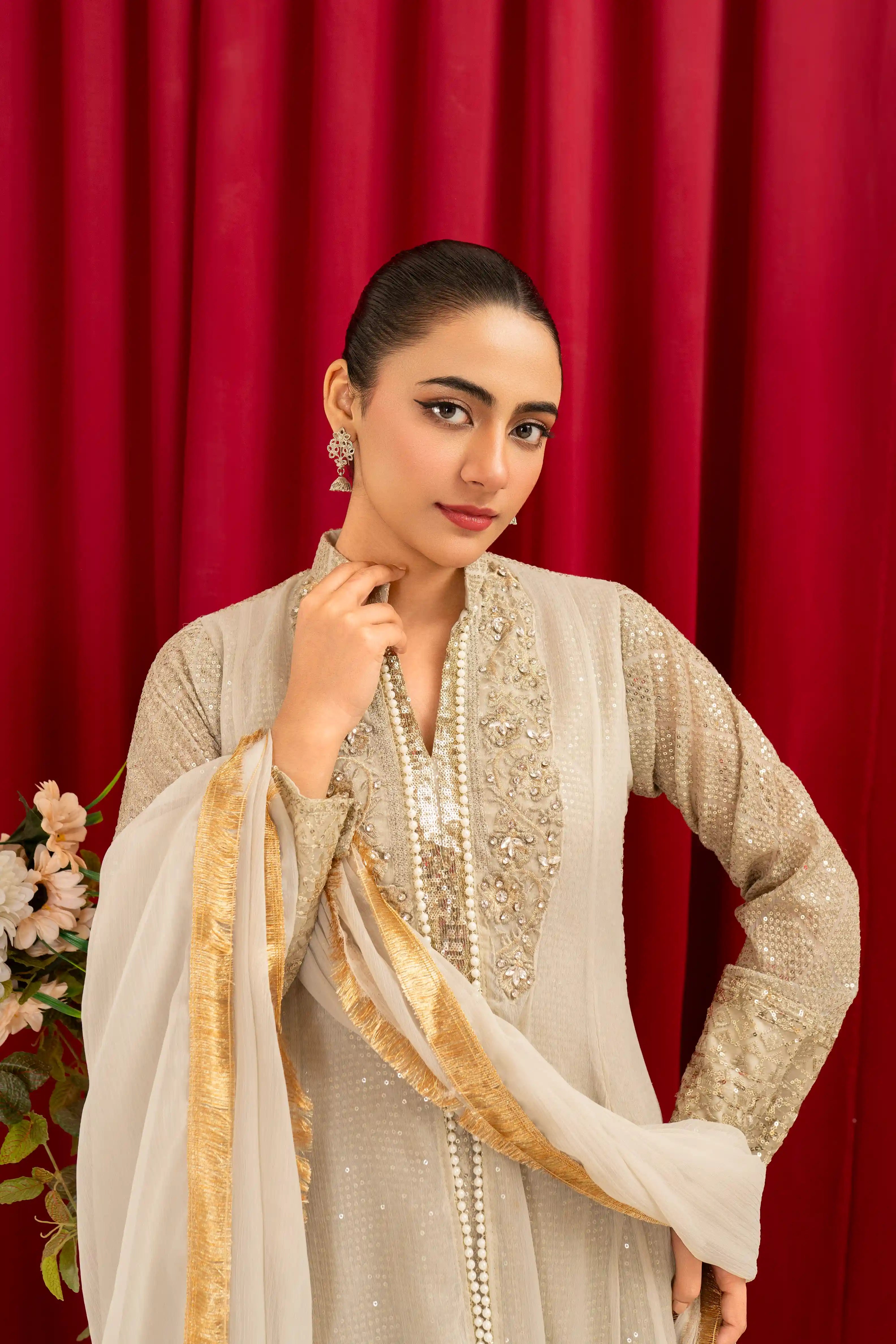 K-147-TAN Embroidered Chiffon Pret 3Pcs