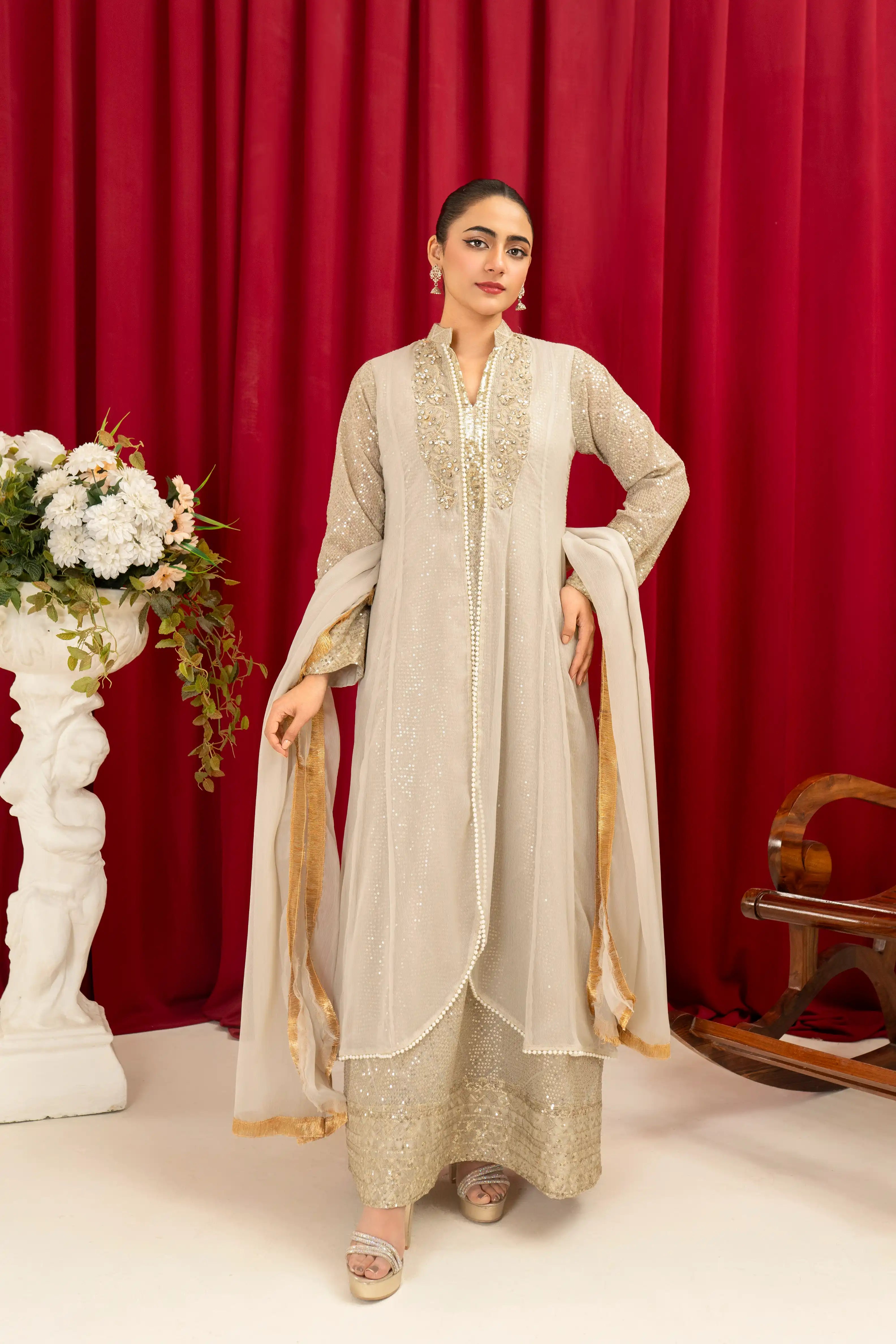 K-147-TAN Embroidered Chiffon Pret 3Pcs
