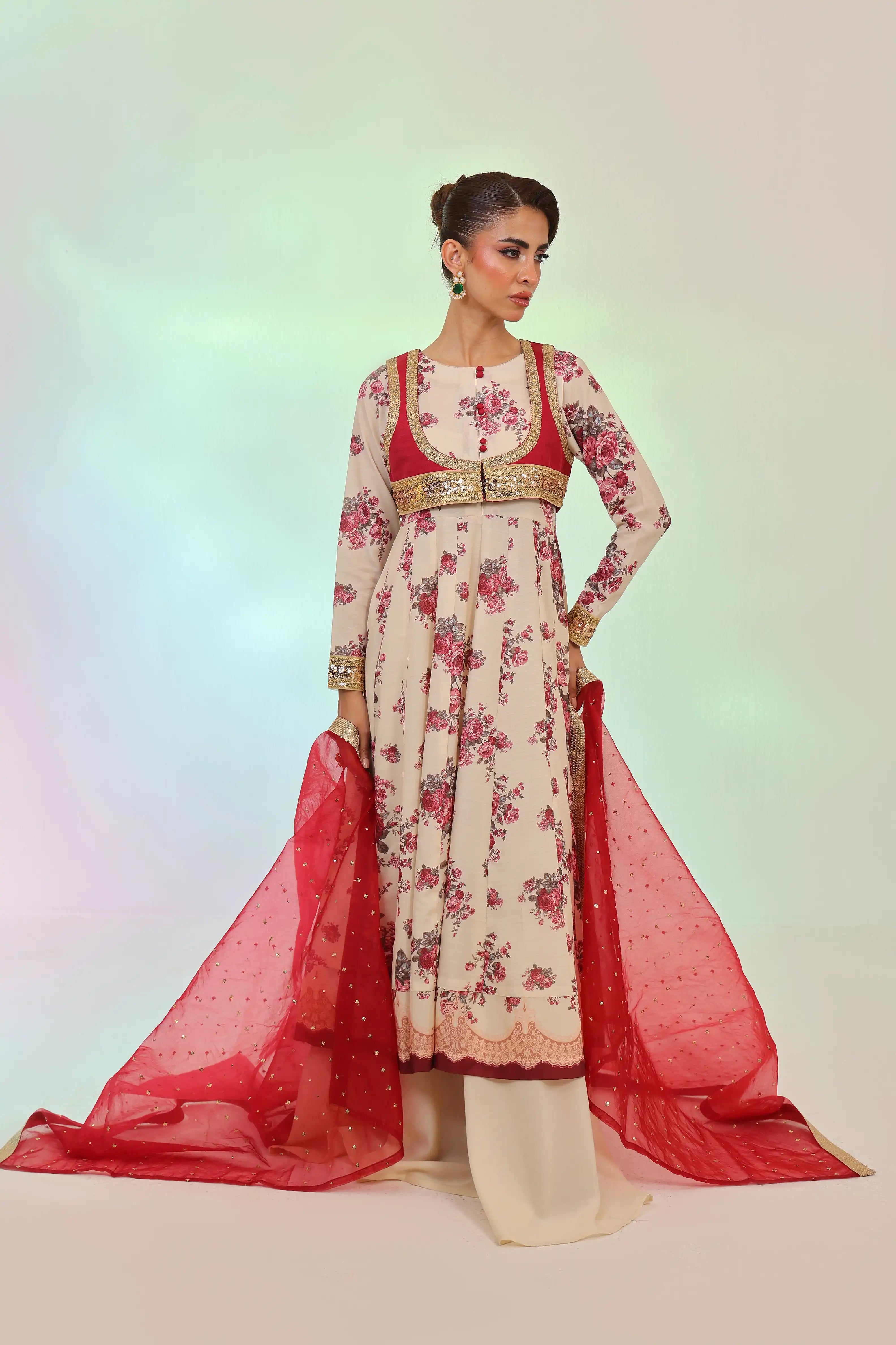 Ivory Rose Embroidered Frock 4Pcs