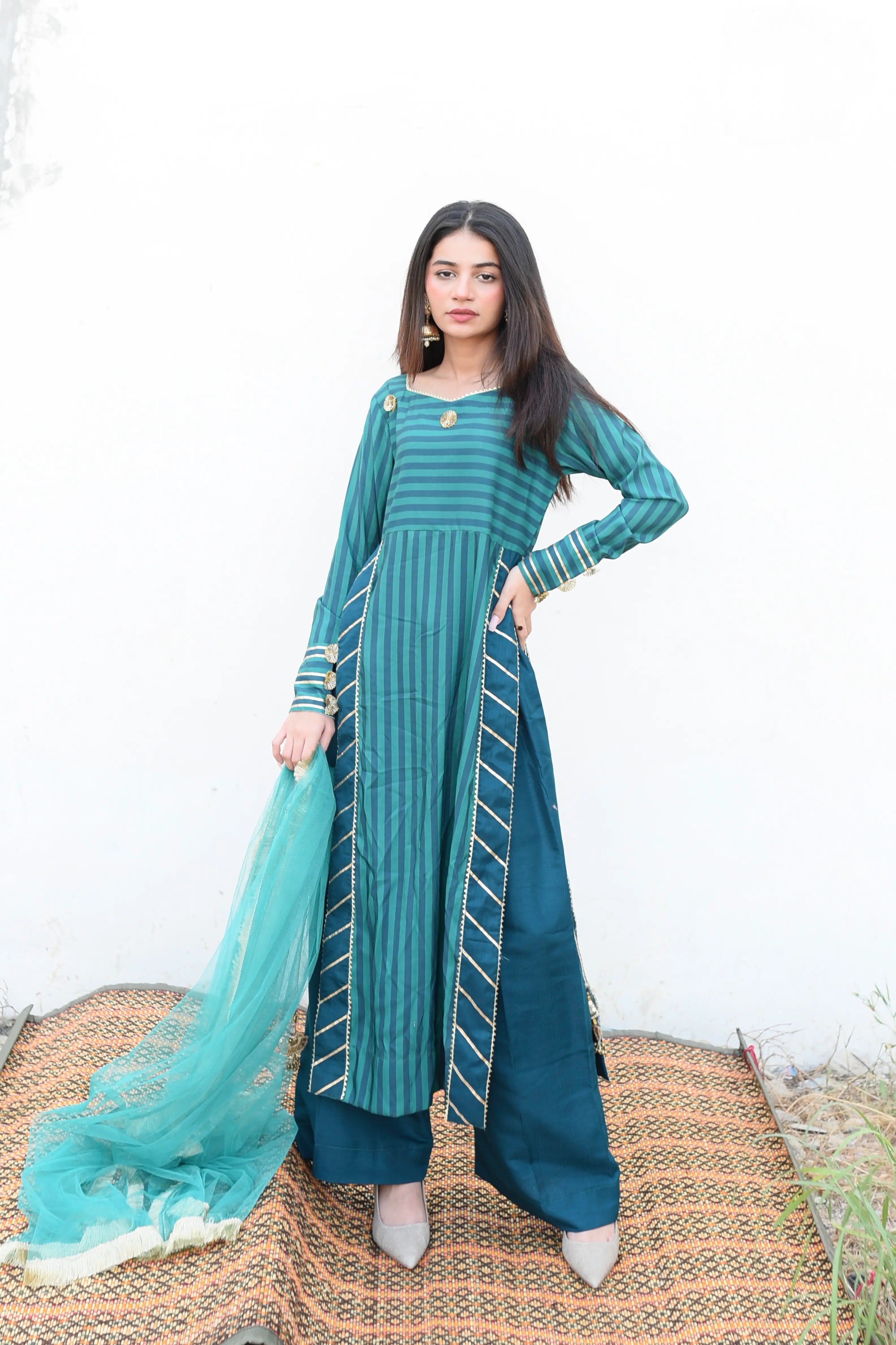 Green Stripe Gota Polycambric Pret 3Pcs