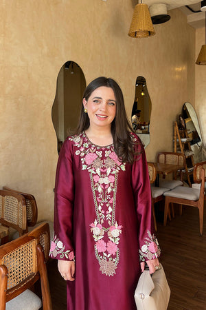 Stylish maroon kaftan Pakistan fancy kaftan dress Pakistan online BuraqStore
