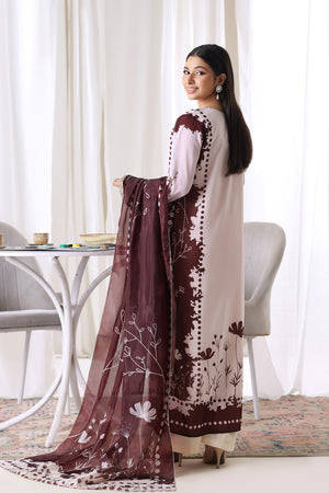 Female model showcasing Blush Burgundy chiffon pret from Buraqstore, trendy ladies dress