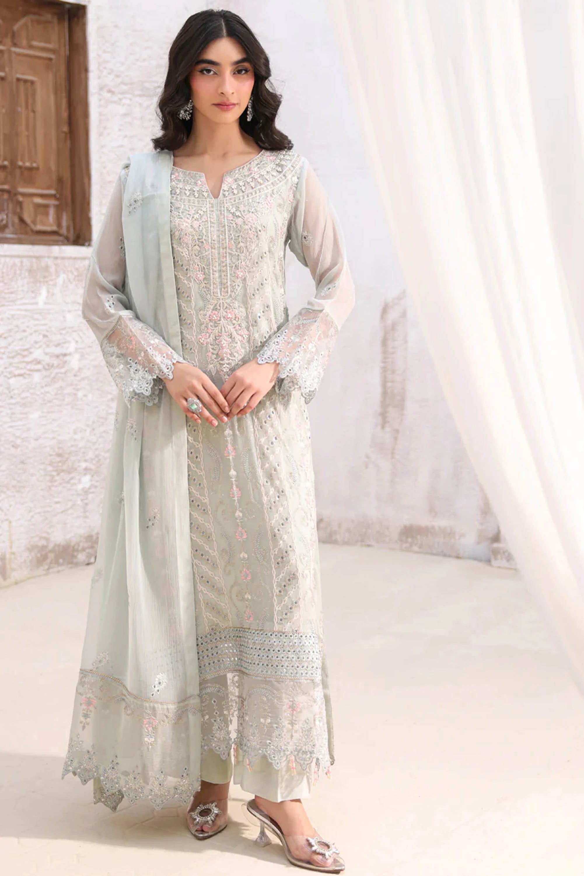 Cloud gray Embroidered Chiffon 3PCs