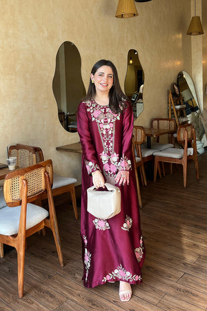 Party wear kaftan dress Pakistan maroon embroidered kaftan Pakistan by BuraqStore