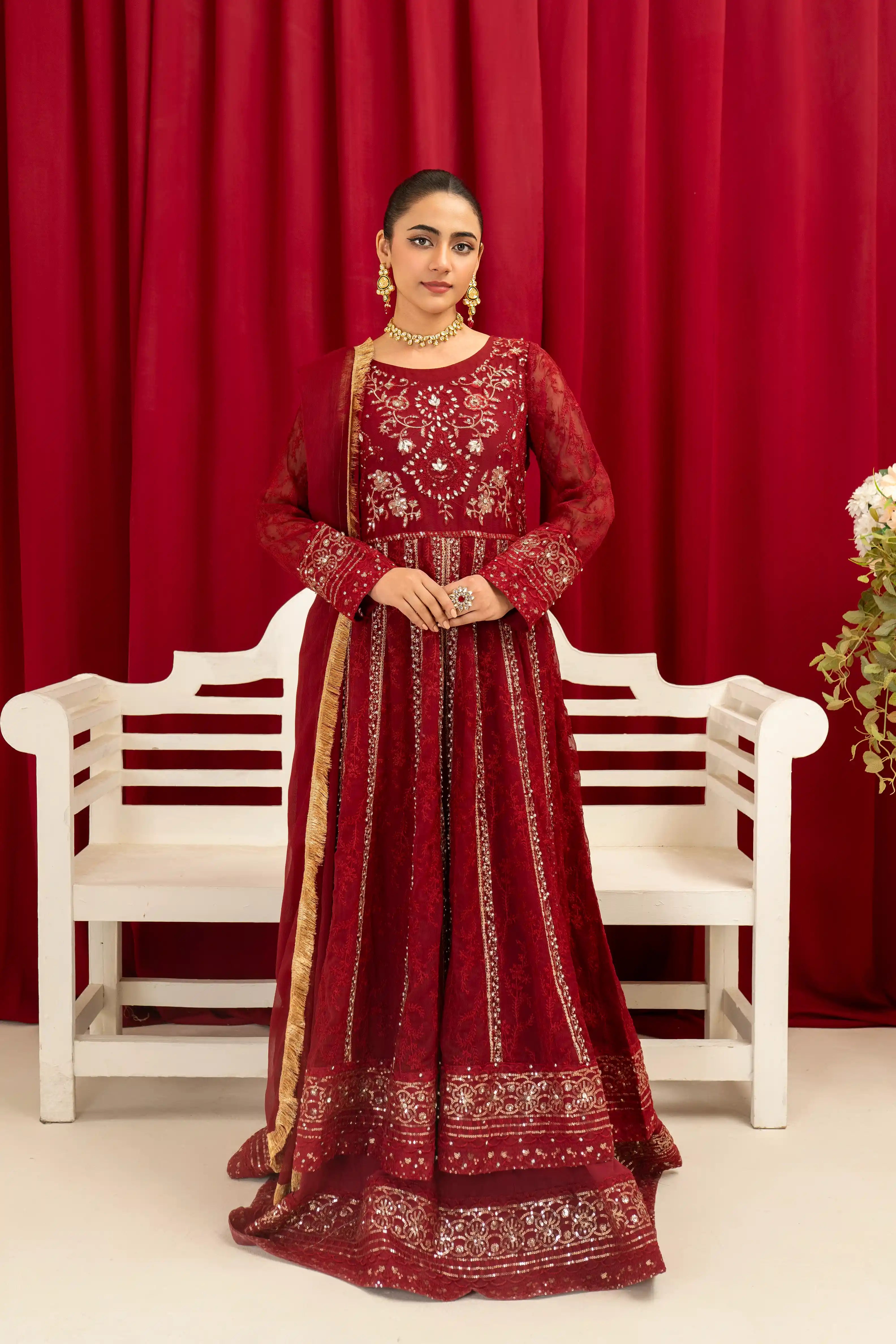 B-007-MAROON Embroidered Chiffon Pret 3Pcs