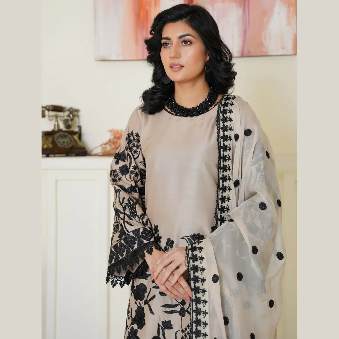 Chic Beige & Black Embroidered Viscose Pret 3 PCs