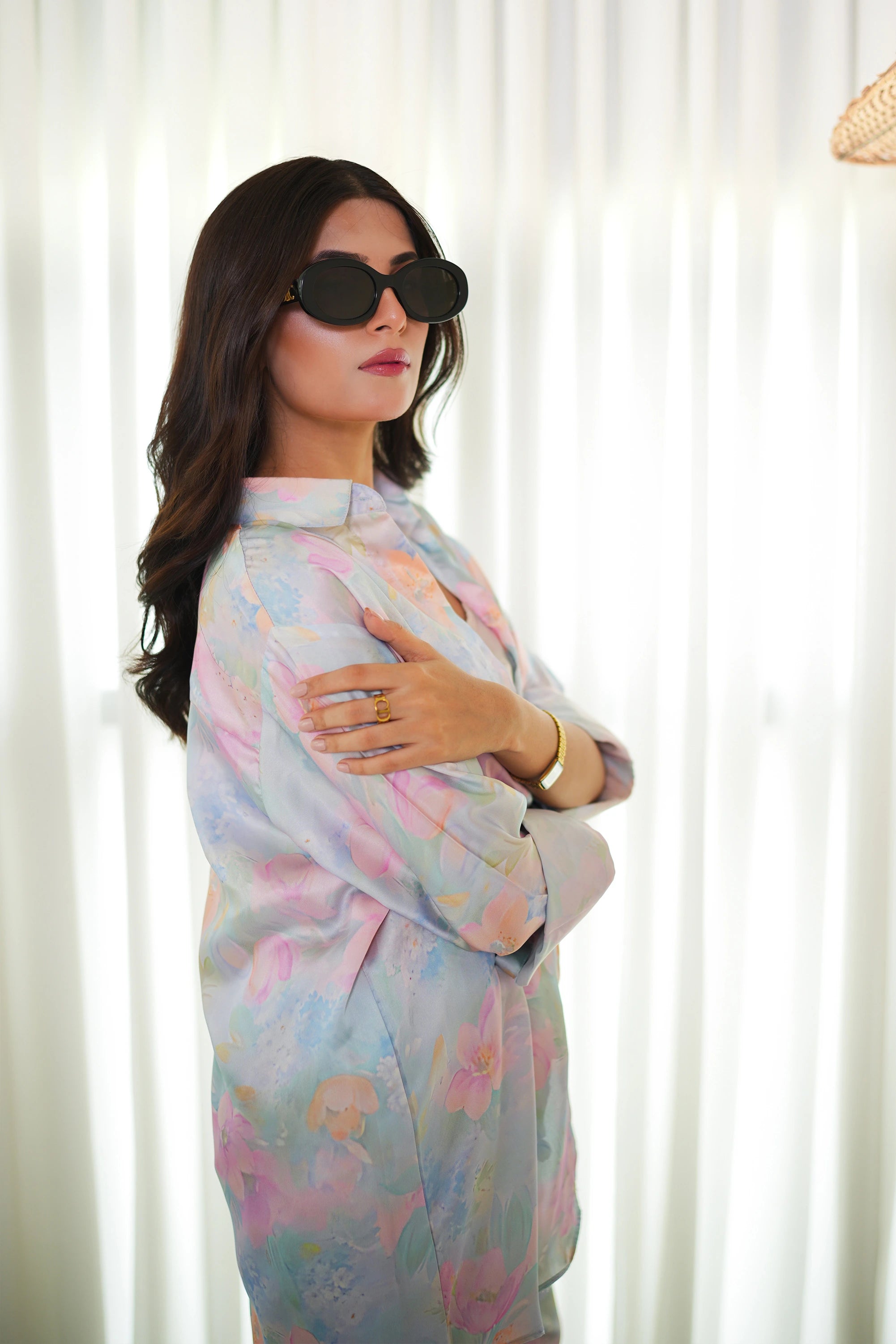 Pastel Floral Button-Down Silk Pret 2PCs