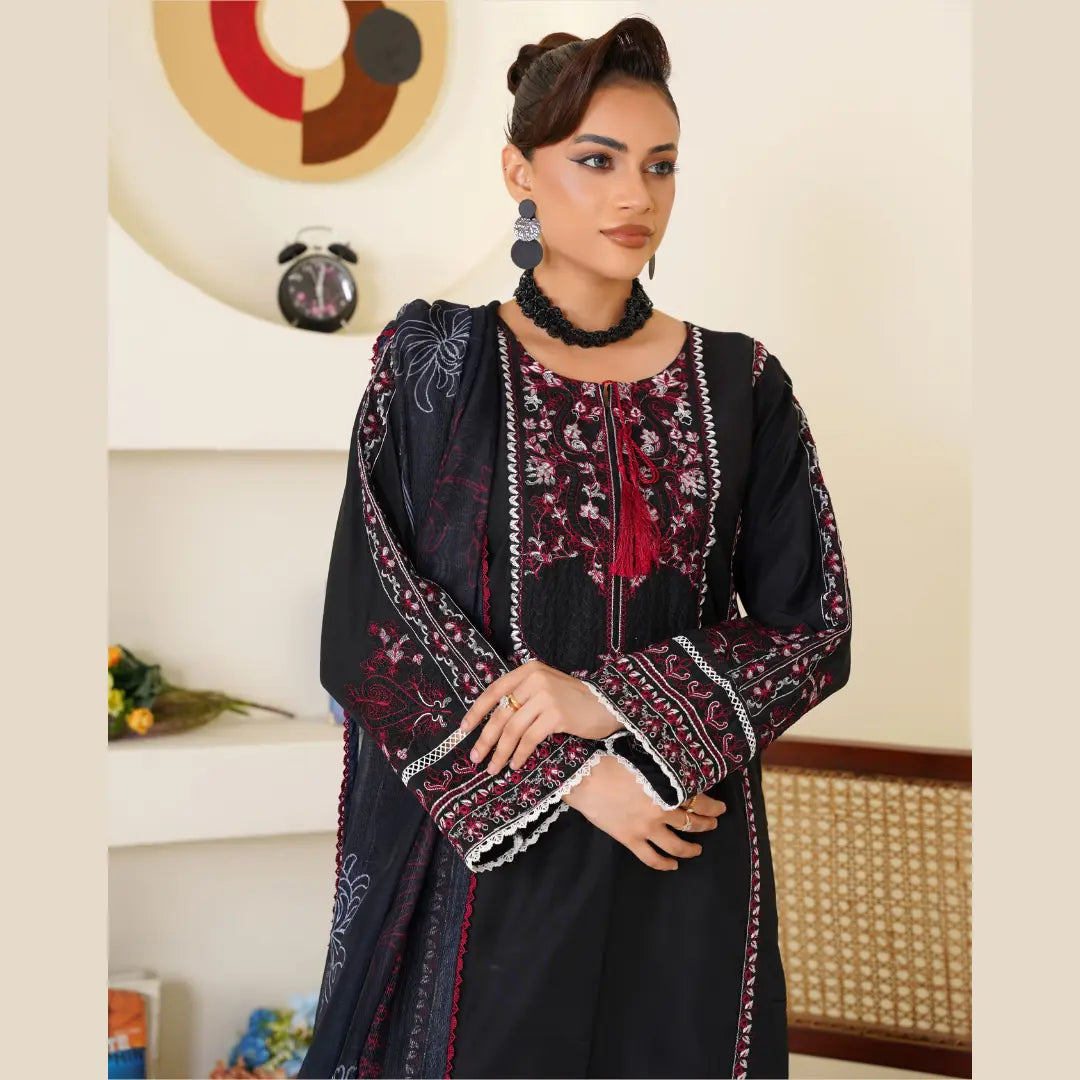 Black & Maroon Embroidered Viscose Pret 3 PCs