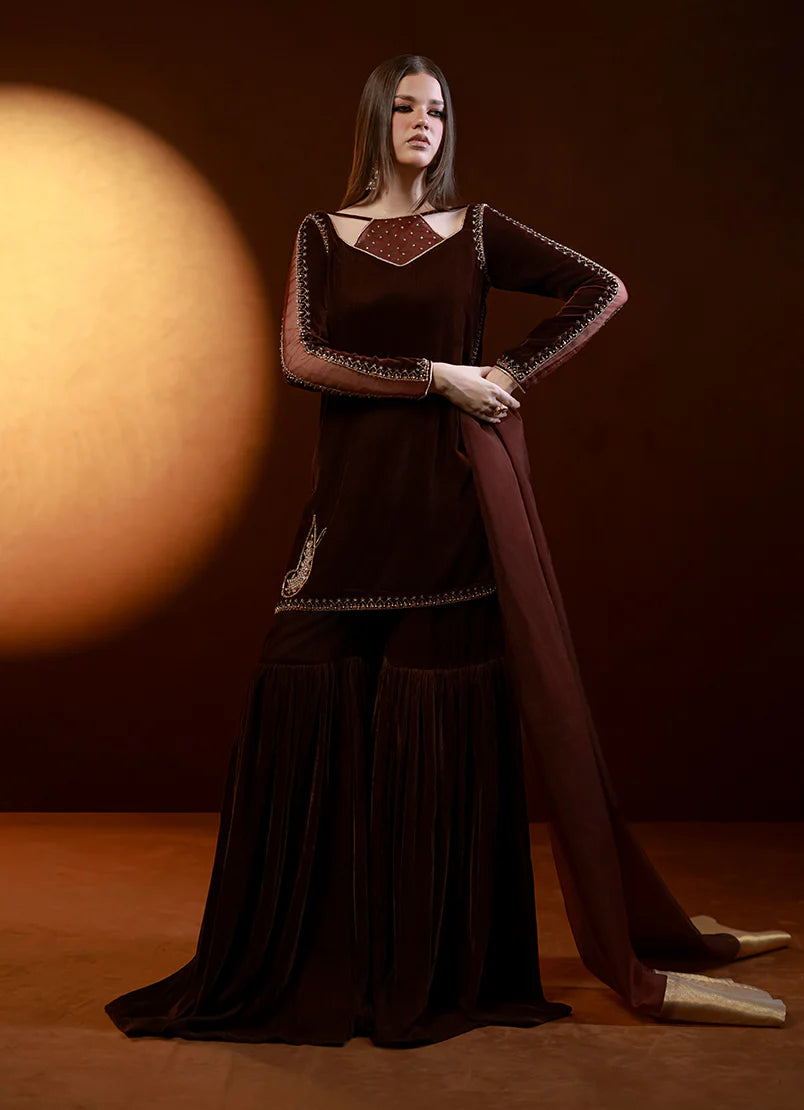 Brown Velvet Gharara Embroidered Pret 3 Pcs