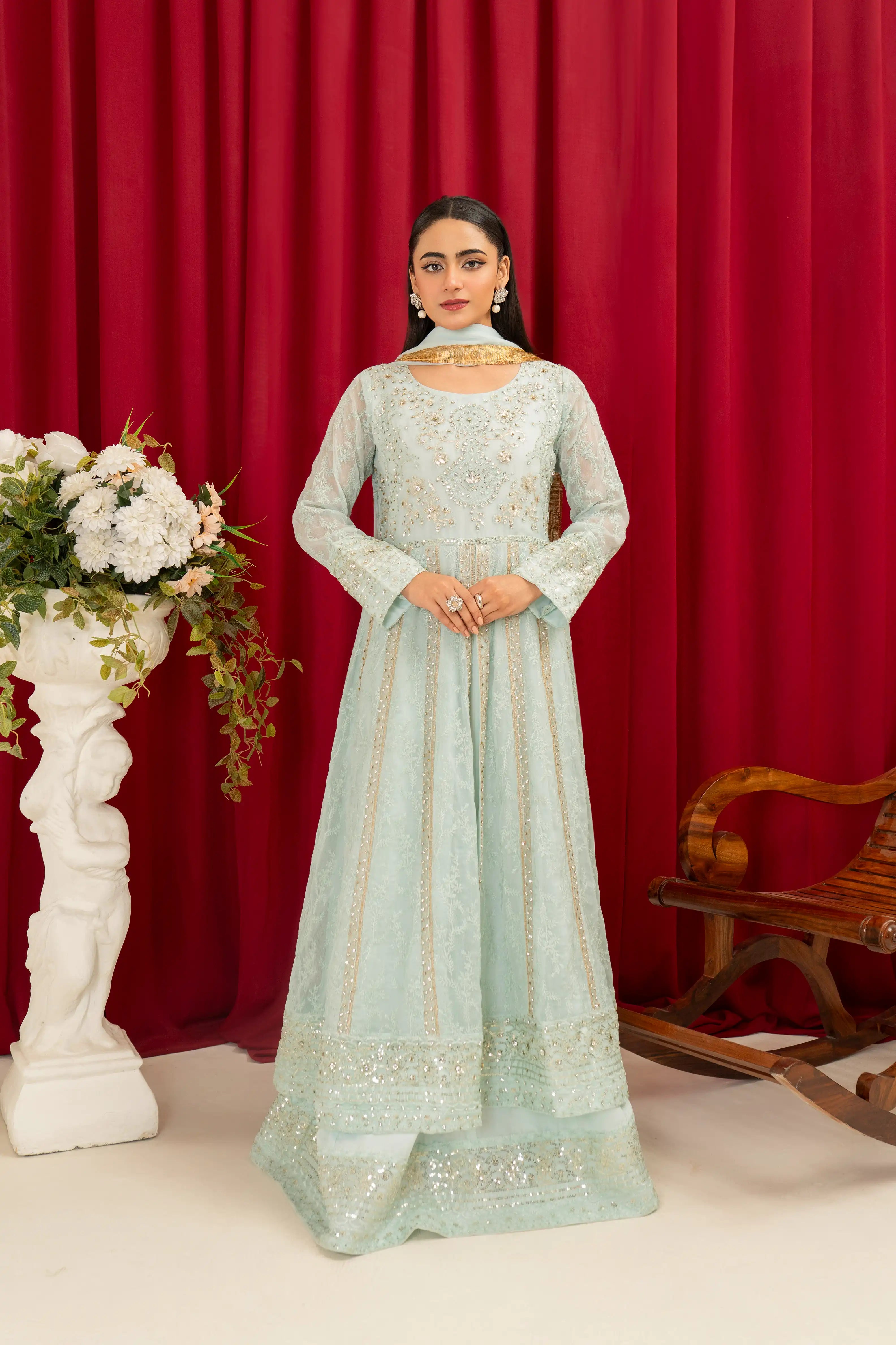 B-007-ICE BLUE Embroidered Chiffon Pret 3Pcs