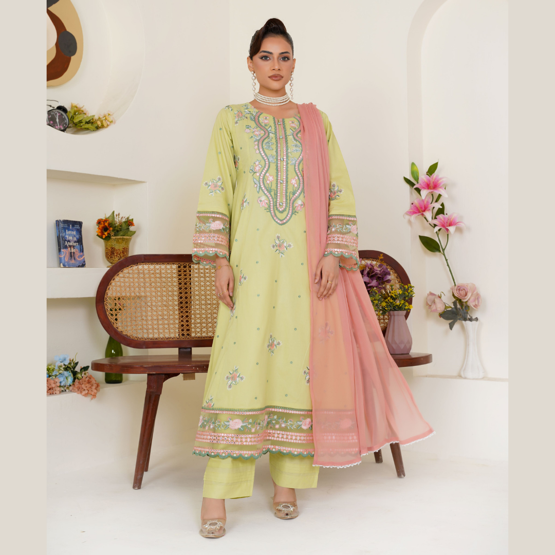 Embroidered Lime Green Lawn Pret 3 PCs
