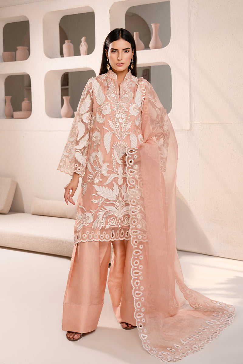 Woman wearing an embroidered organza 3 piece outfit from the Anayra Amal collection, featured at Buraq Store