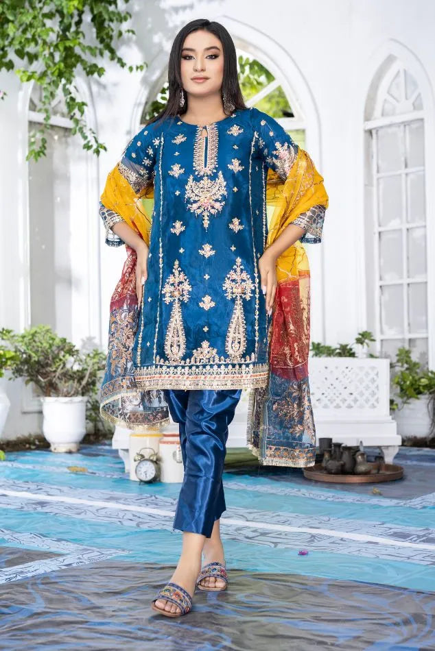 Artistic Blue Organza Unstitched 3Pcs – embroidery sale 2026