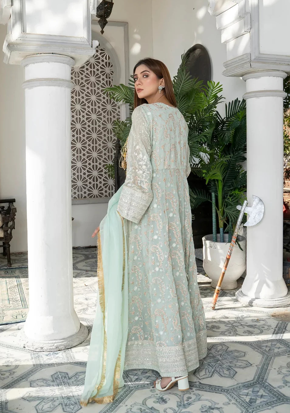 Azure Bloom – Aqua Long Angrakha Shirt (3PCs)