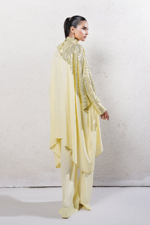 Woman wearing an elegant sequins net and Grip Georgette outfit from the Anayra Amal collection, featured at Buraq Store