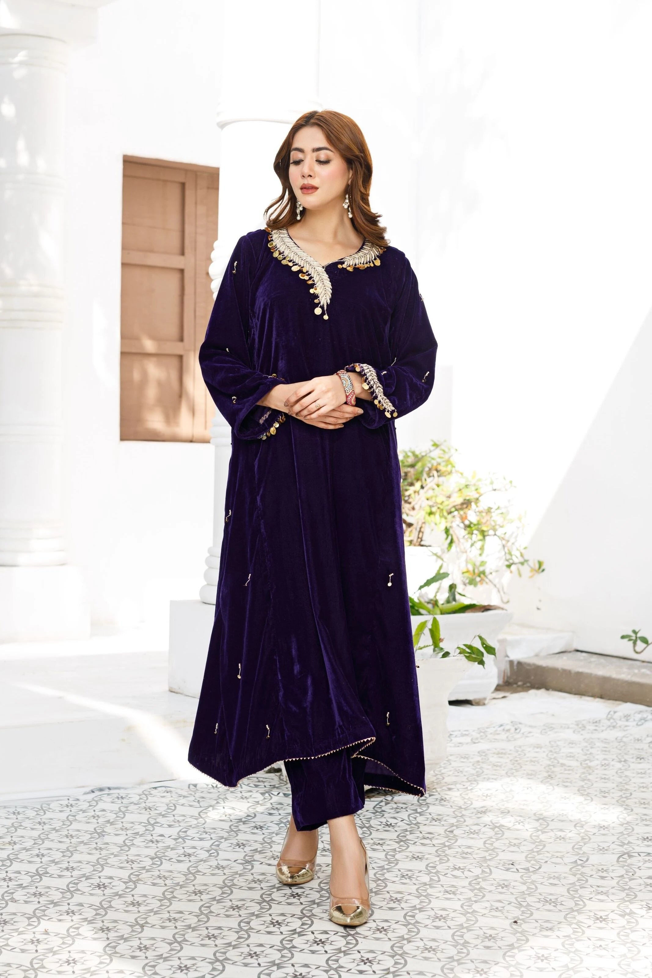 BuraqStore Arsh velvet pret featuring a new 2026 velvet dress design with a modern Pakistani look.