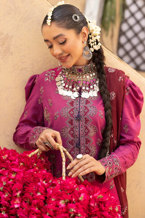 Girl wearing premium karandi winter collection three piece with intricate patterns from Buraqstore