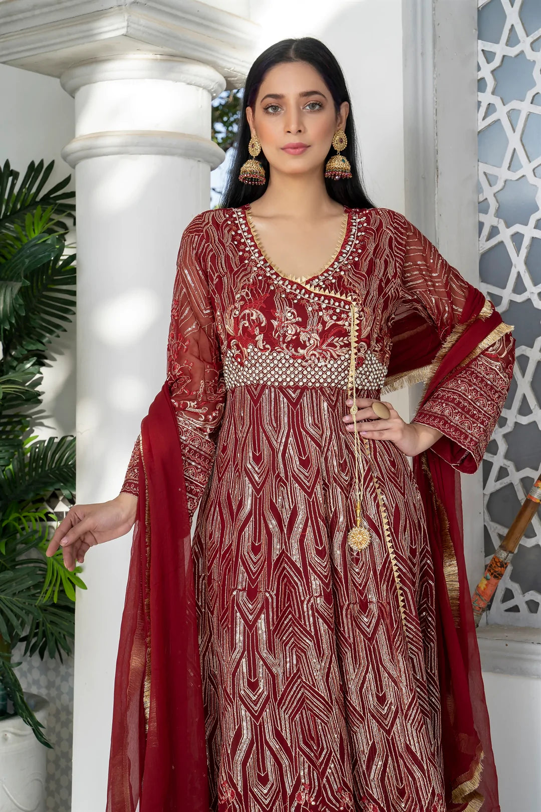 Crimson Allure – Maroon Angrakha Frock (3PCs)