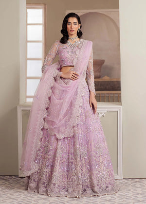 Girl displaying embroidered mehndi lehenga in organza by Buraqstore