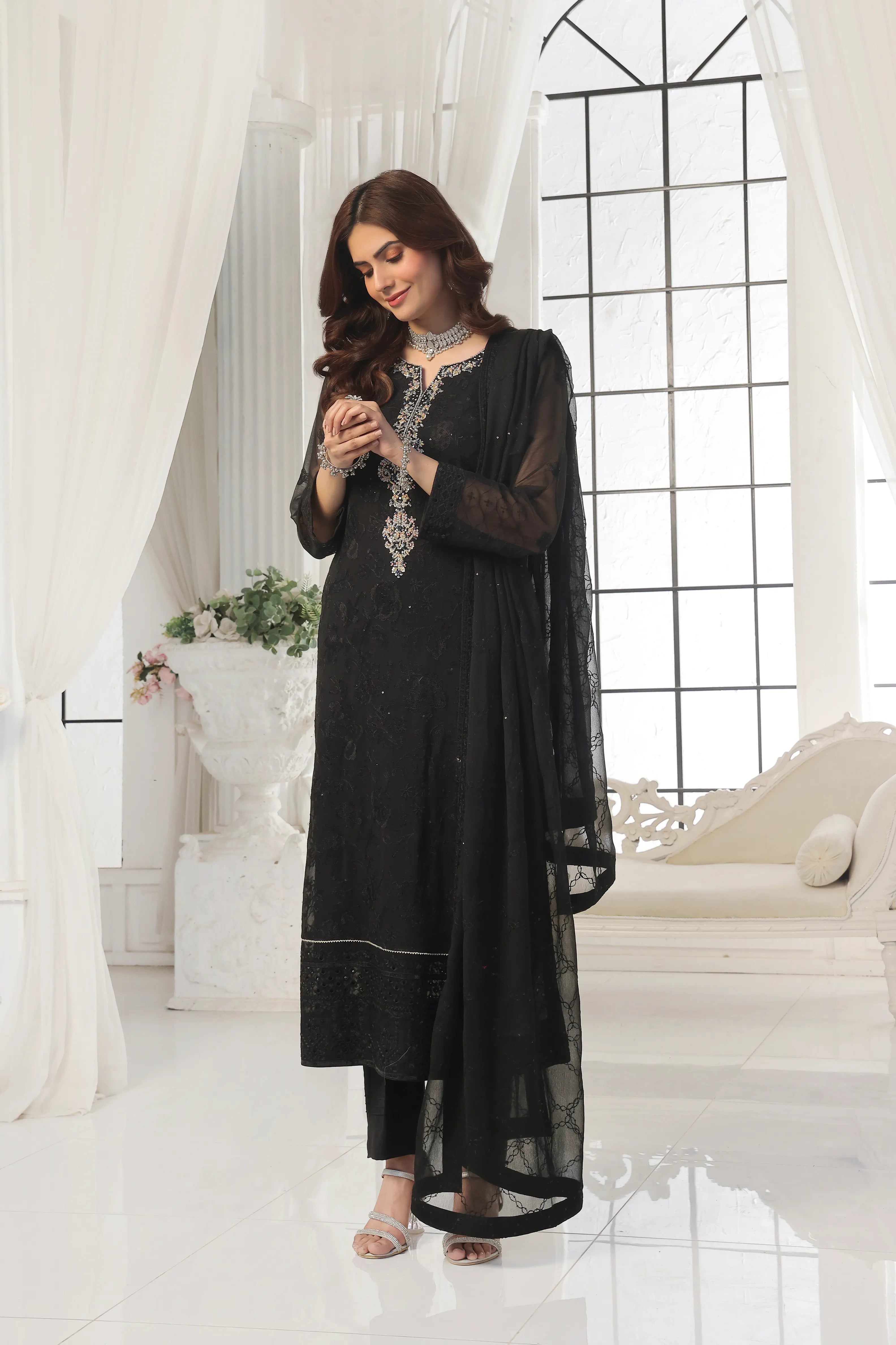 Black SEM-0789 Embroidered Chiffon Pret 3Pcs
